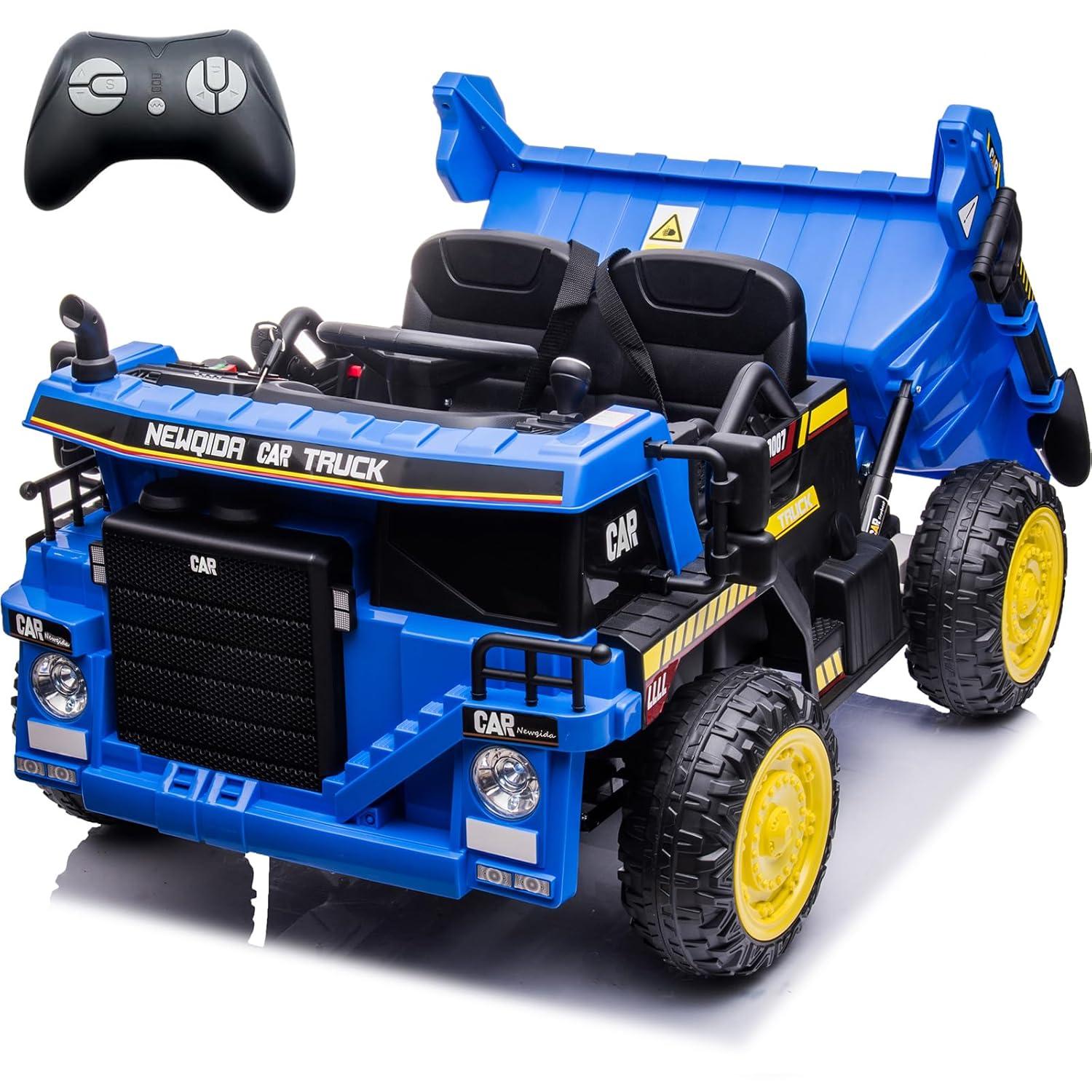 NEWQIDA 12V Ride On Dump Truck for Kids Car with Remote Control Construction Vehicles with Electric Dump Bed/Shovel, Ride On Toys for Boys Girls, 19" Spacious Seat, Music, Soft Start, Music, Blue