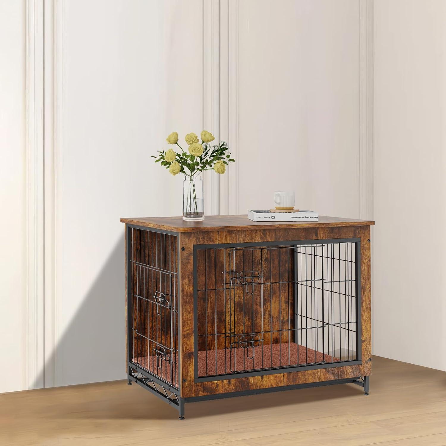 Rustic Brown Wooden Dual-Door Pet Crate Table