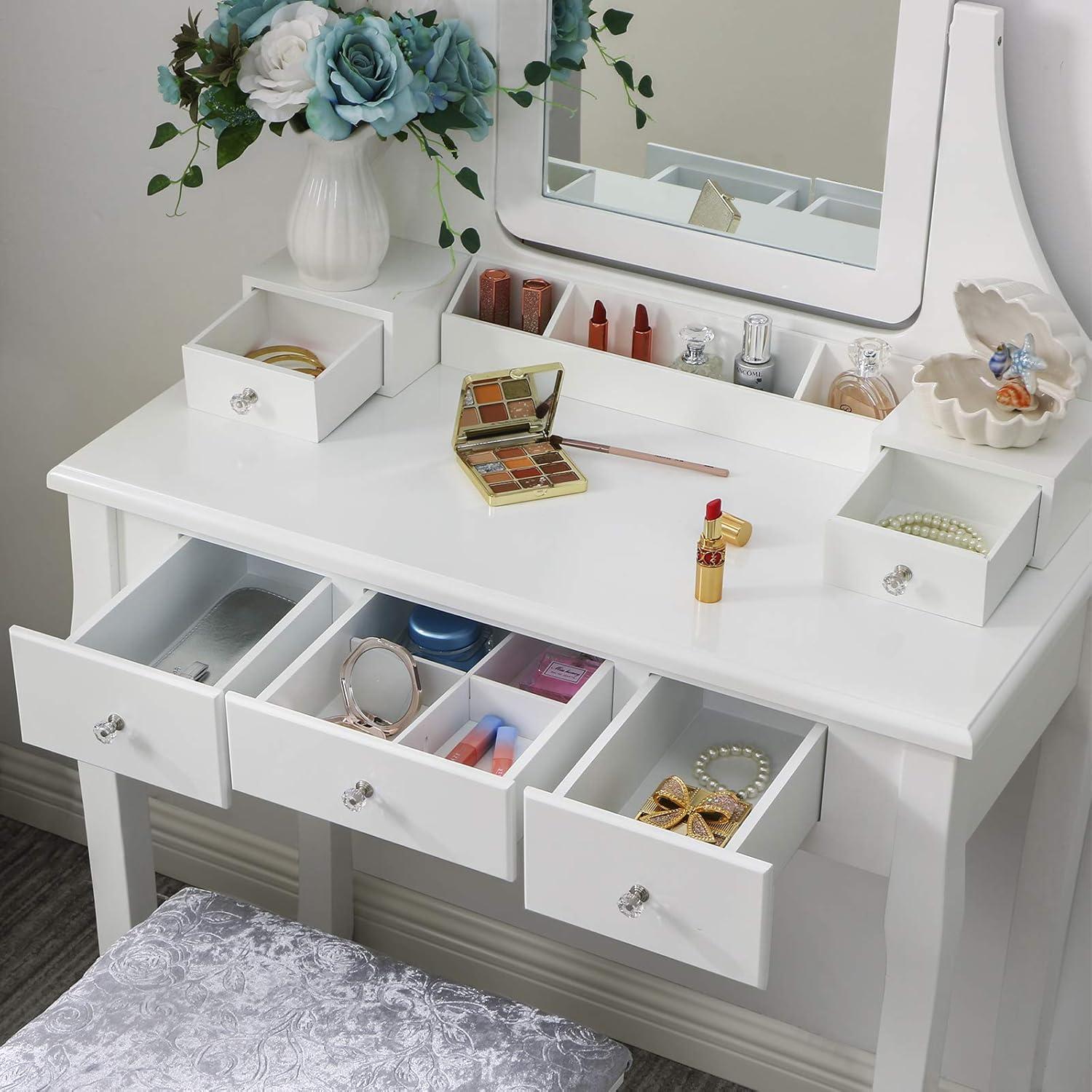 White Engineered Wood Vanity Set with Mirror and Cushioned Stool