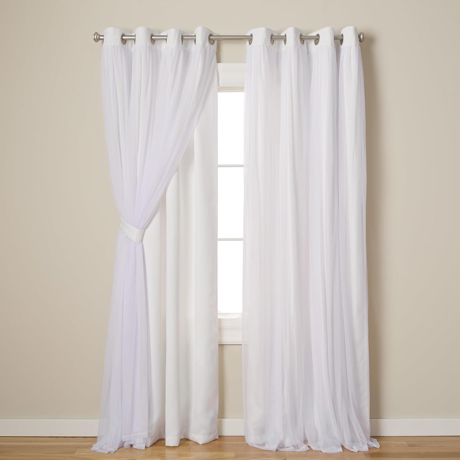 Set of 2 (108"x52") Catarina Layered Solid Blackout & Sheer Window Curtain Panel: White Curtains, Room Darkening