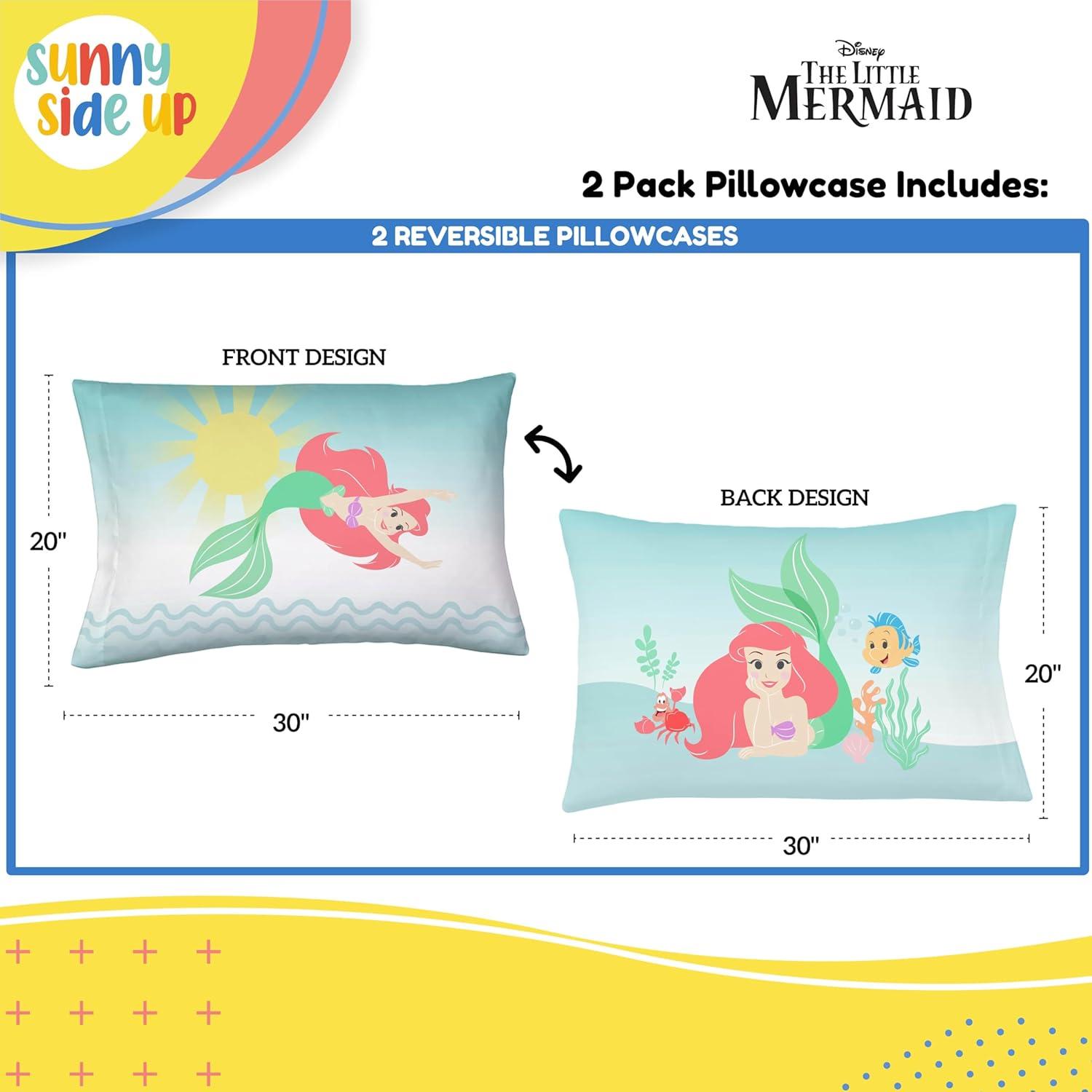 Sunny Side Up Disney The Little Mermaid 2 Pack Reversible Pillowcases - Double Sided Pillow Covers, Kids Super Soft Airel Bedding
