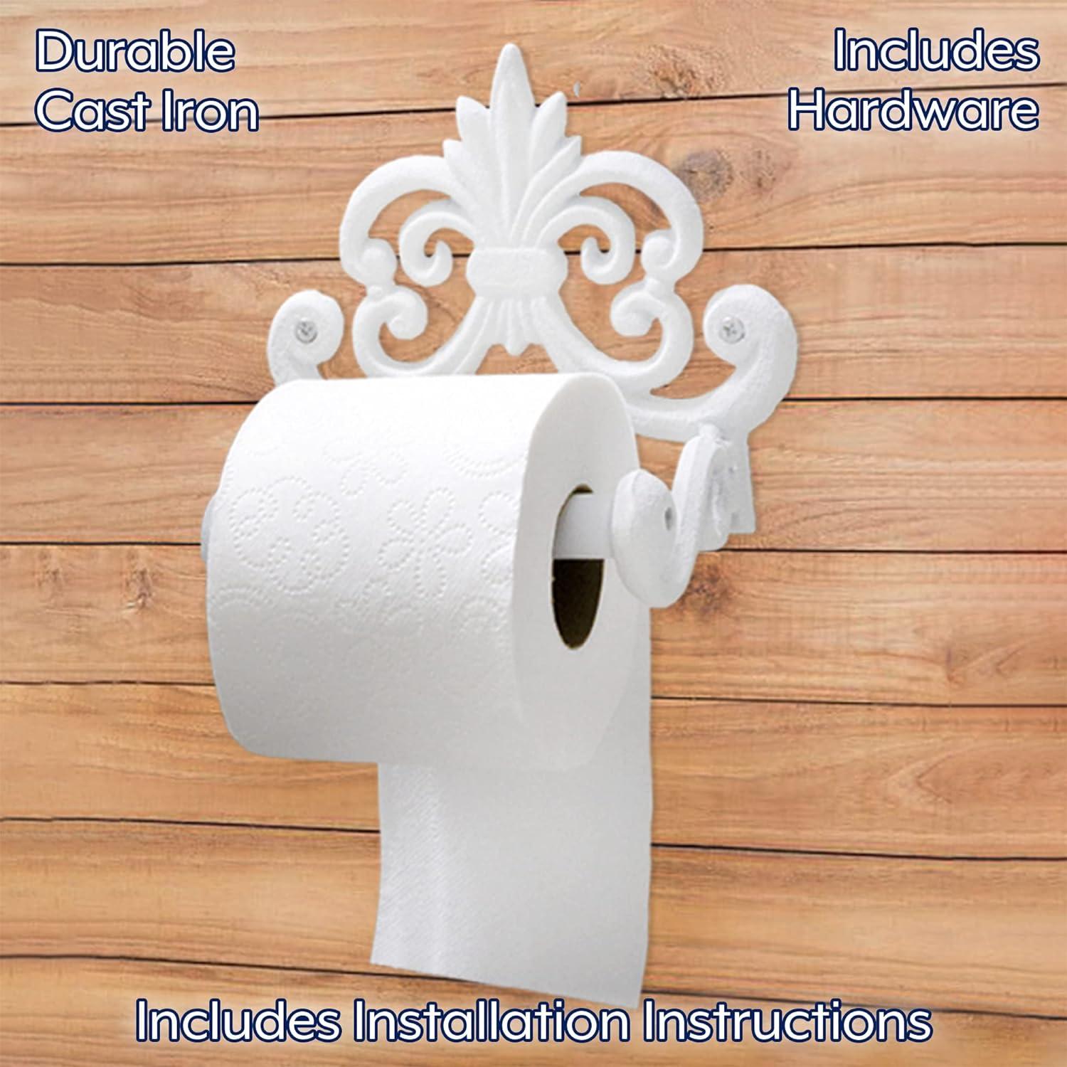 AuldHome Design White Farmhouse Cast Iron Toilet Paper Holder; Wall Mount Vintage Decor Fleur de Lis TP Hanger