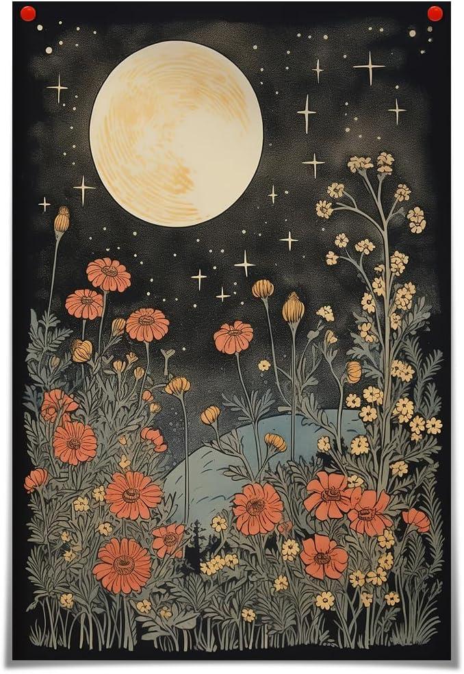 Celestial Star Canvas Wall Art，Vintage Poster，Dark Aesthetic Moon Stars and Flowers Decor, Prints Goth Room Picture Witchy Gothic Wall Decor for Living Room Bedroom 12 x 16 in Unframed
