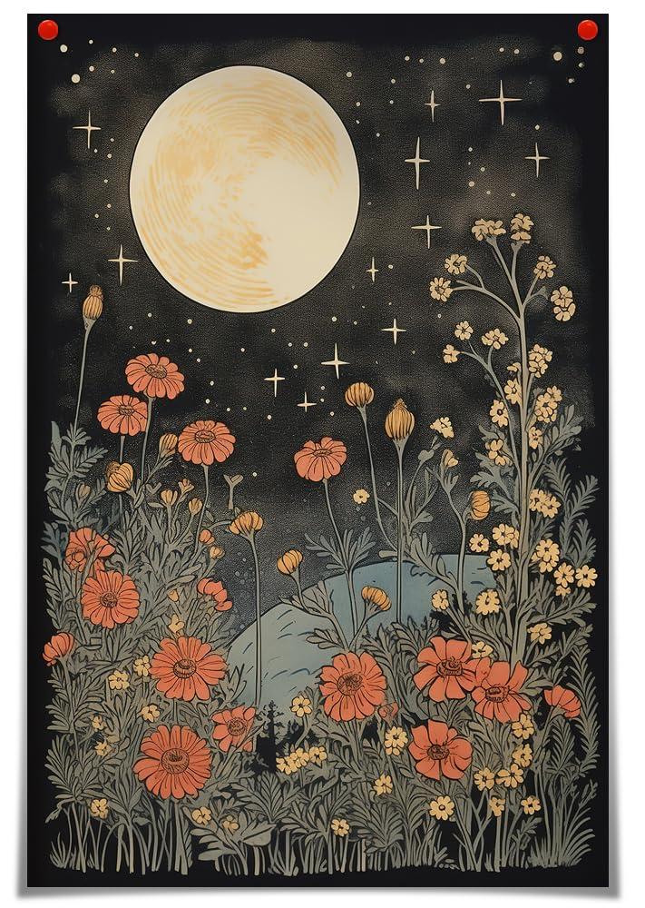Celestial Star Canvas Wall Art，Vintage Poster，Dark Aesthetic Moon Stars and Flowers Decor, Prints Goth Room Picture Witchy Gothic Wall Decor for Living Room Bedroom 12 x 16 in Unframed