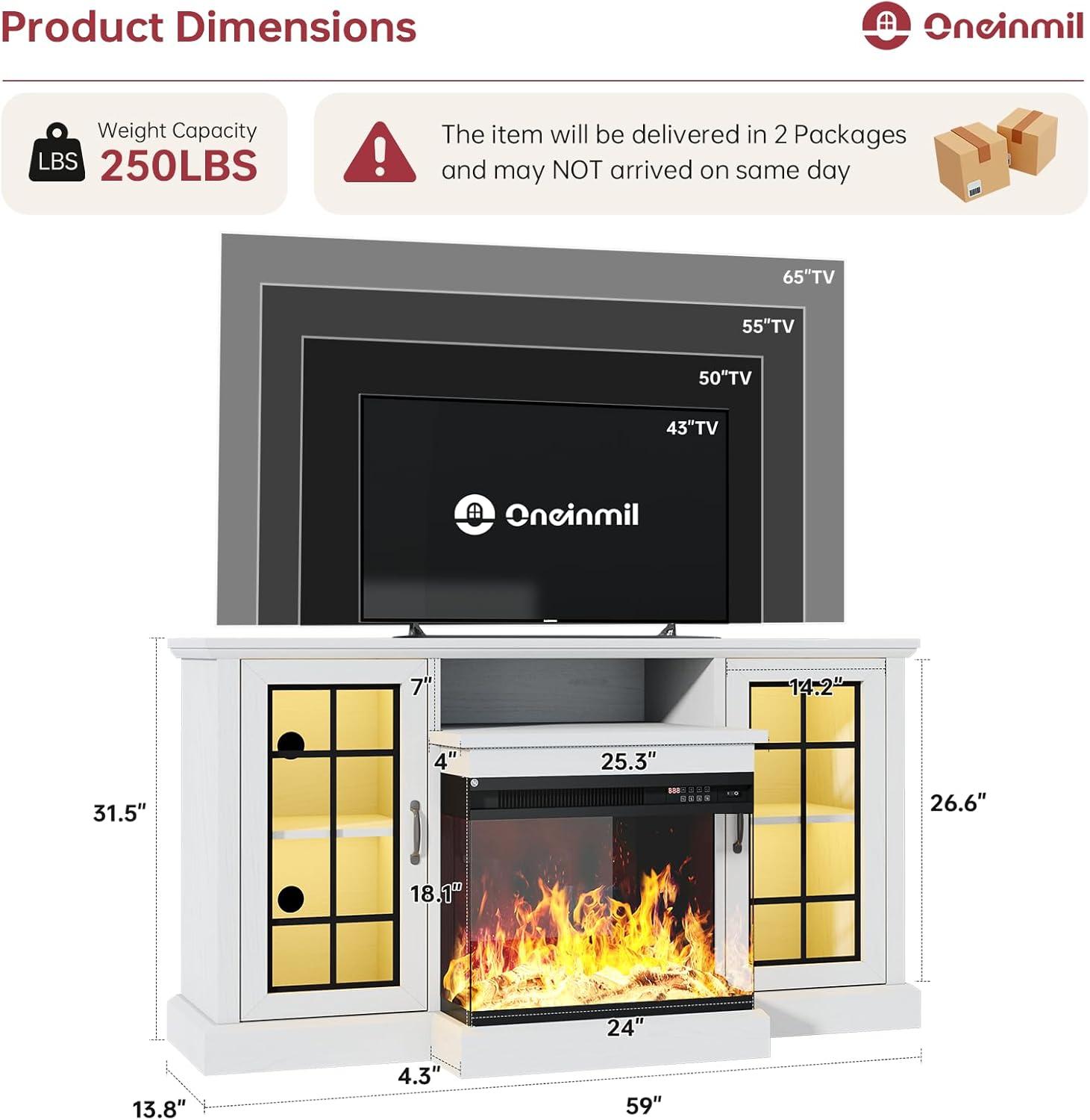 Fireplace TV Stand with 3-Sided Glass Electric Fireplace, 59" Entertainment Center, Distressed White