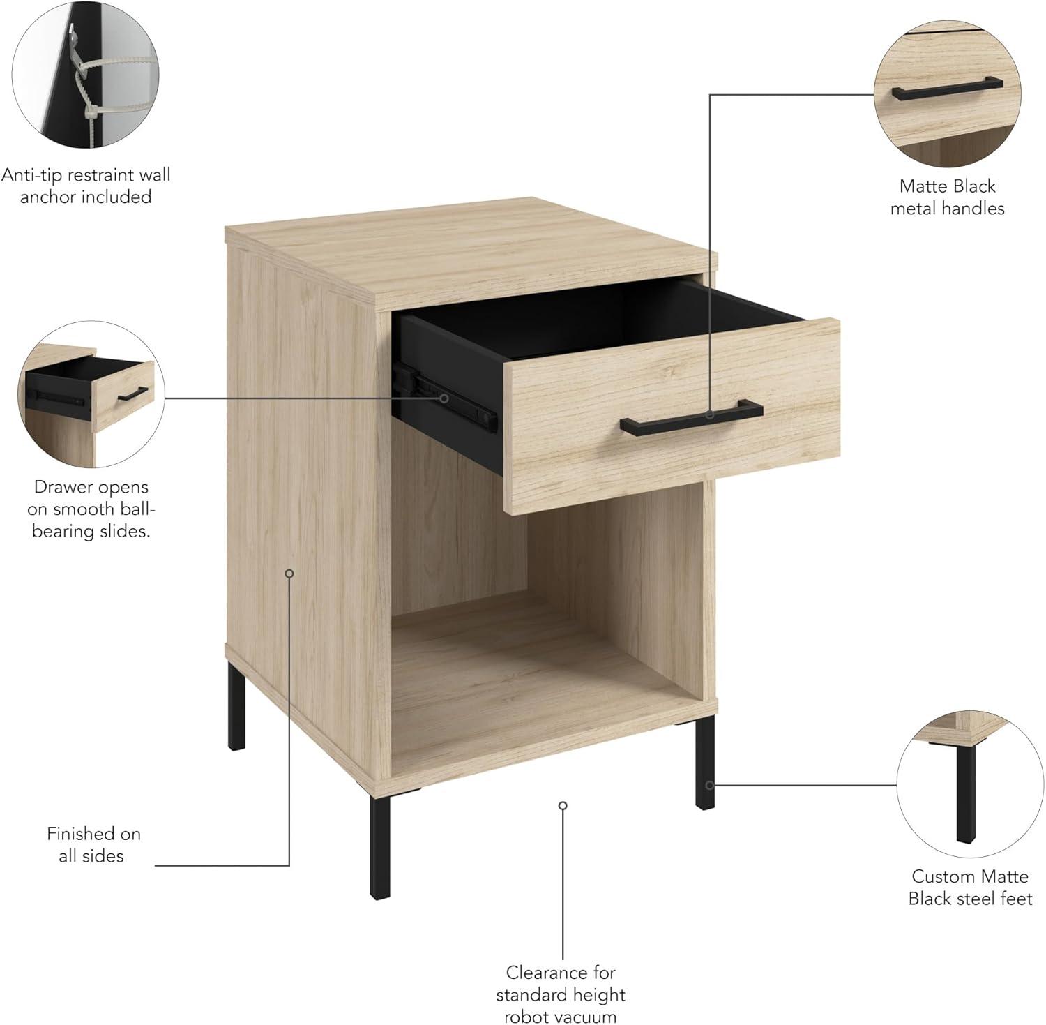 Natural Elm Small End Table with Drawer and Black Metal Legs