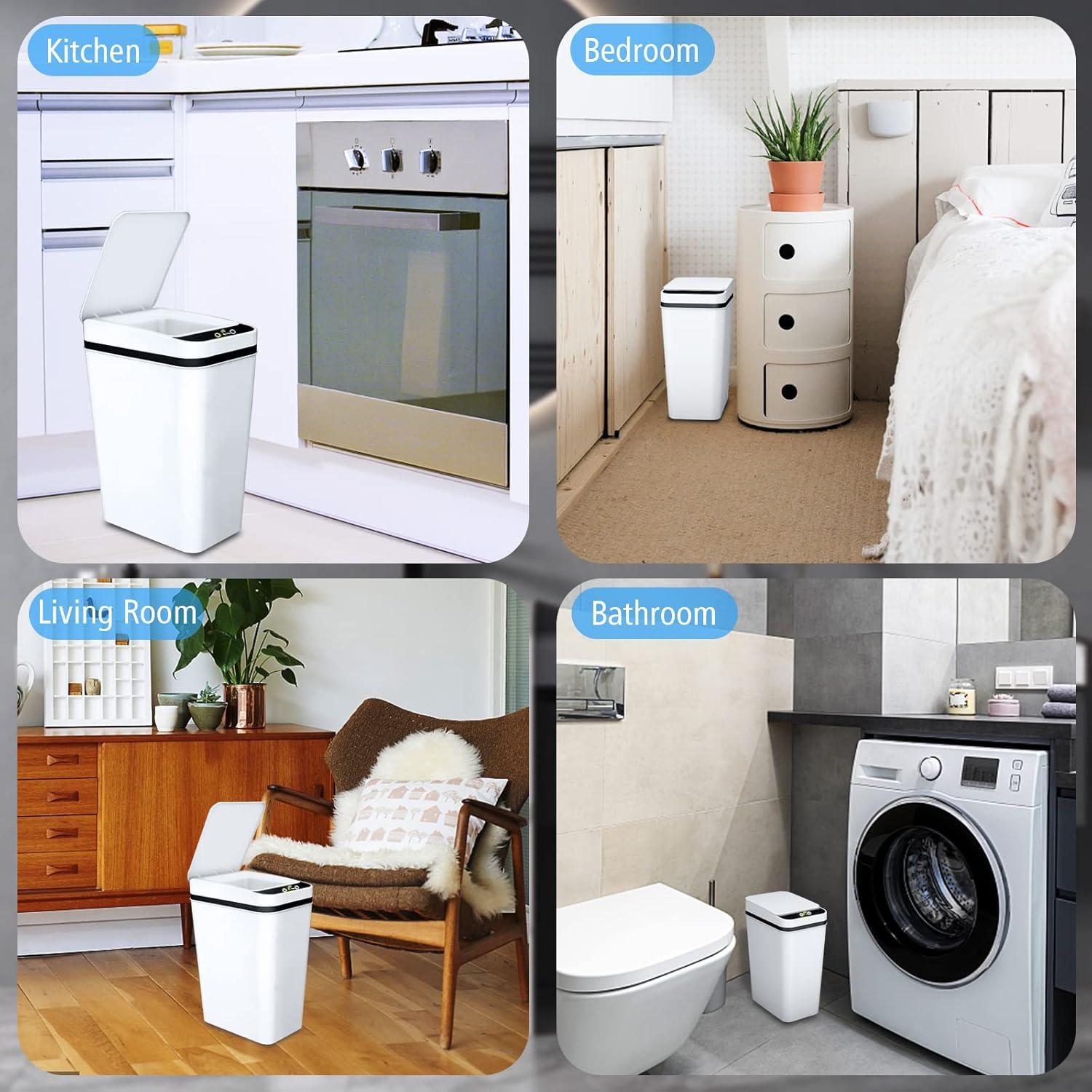 VQJTCVLY 2Pack Bathroom Small Trash Can with Lid, 2.6 Gallon Touchless Automatic Garbage Can Slim Waterproof Motion Sensor Smart Trash Bin for Bedroom, Office, Kitchen, Living Room (White)