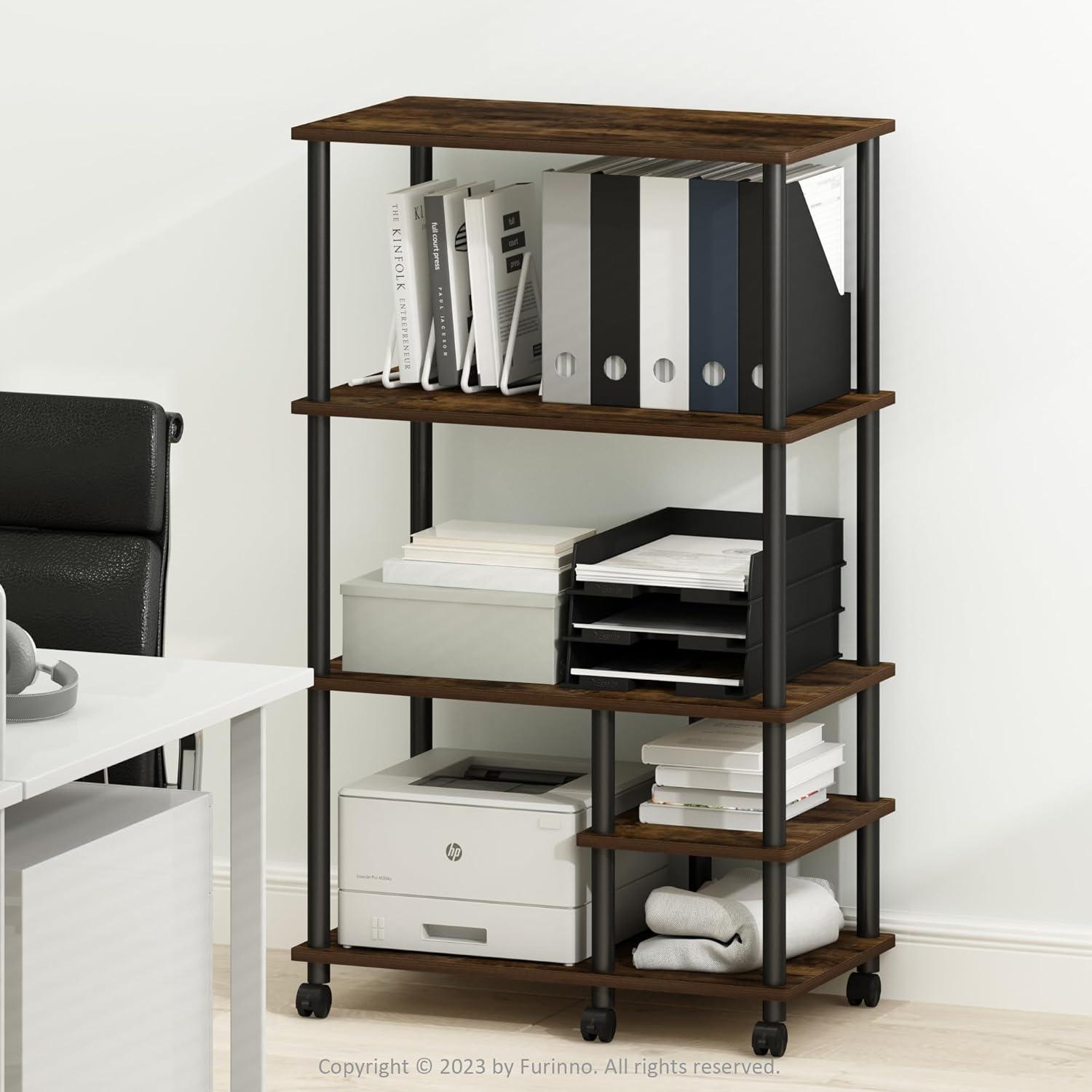 Furinno Turn-N-Tube 4-Tier Toolless Multipurpose Printer Stand Display Storage Shelf with Wheels, Amber Pine/Black