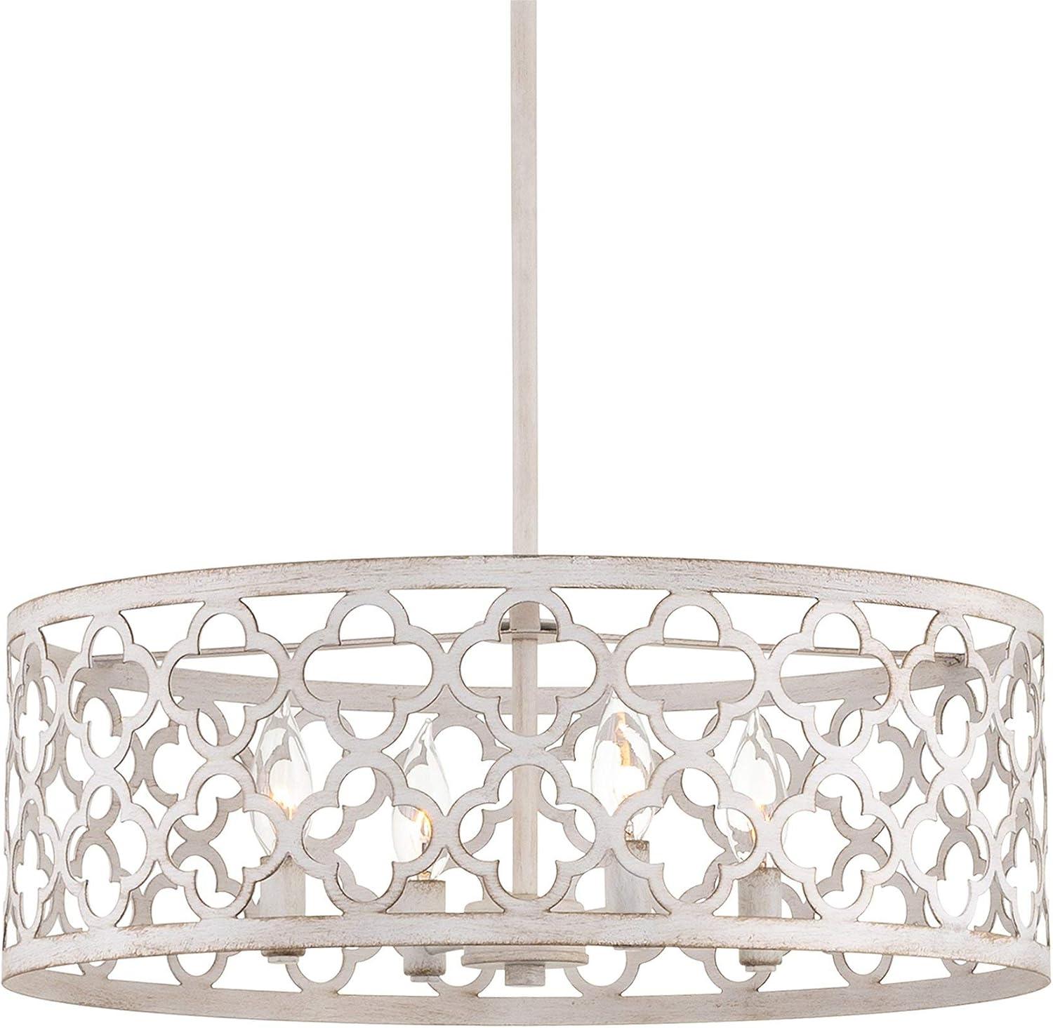 Antique White Metal Drum Chandelier with Quatrefoil Design