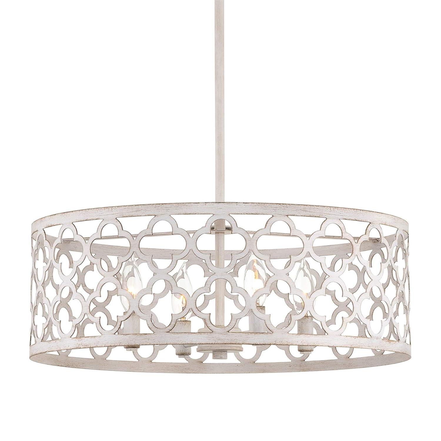 Kira Home Sutton 20" 4-Light Modern Chandelier, Metal Quatrefoil Drum Shade, Antique White Finish