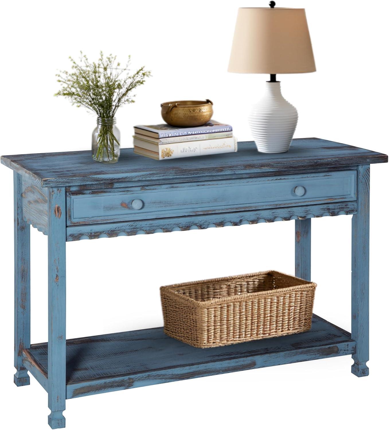 Alaterre Furniture Country Cottage Media/Console Table, Solid Pine Wood Perfect for Living Room, Entryway, Hallway, Blue Antique Finish