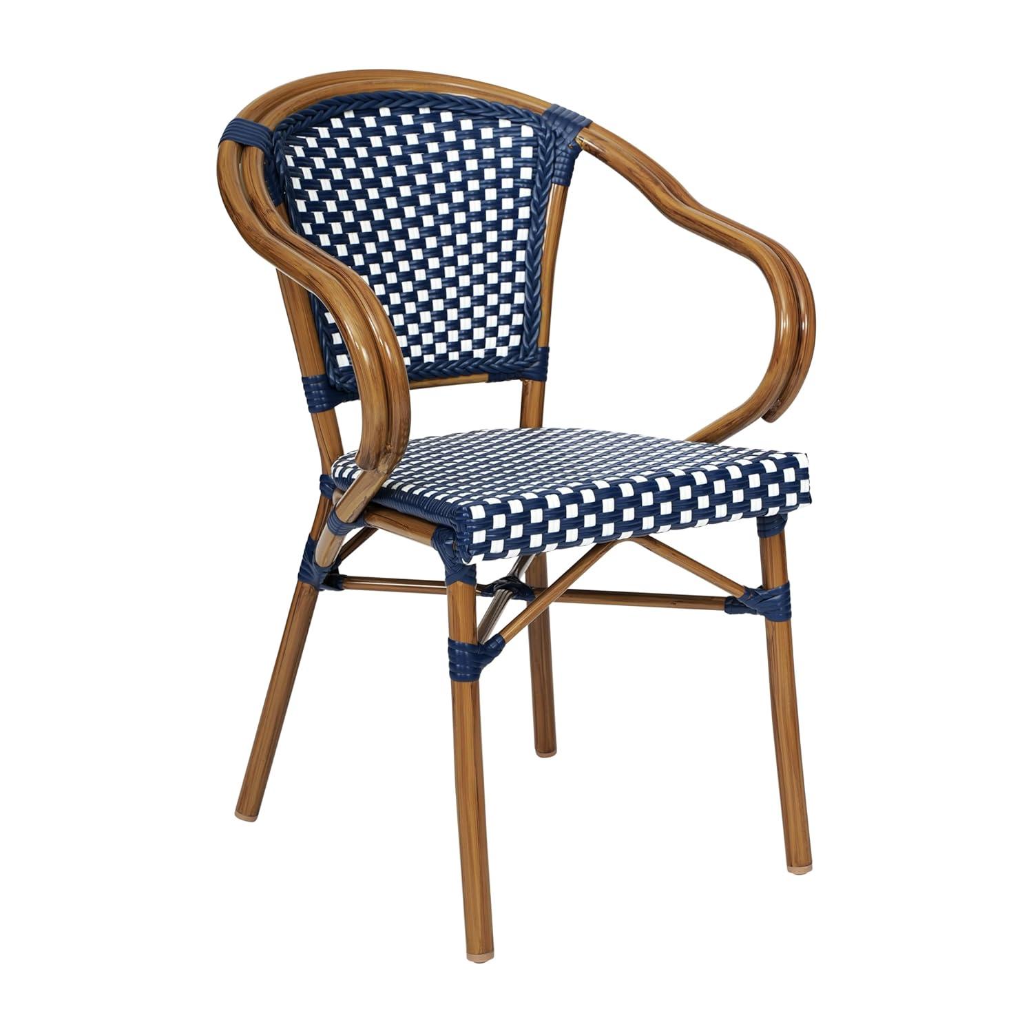 Flash Furniture 4 PK Bordeaux Indoor/Outdoor Commercial Bistro Stacking Chair w/ Arms, Navy & White PE Rattan & Bamboo Print Aluminum Frame in Natural