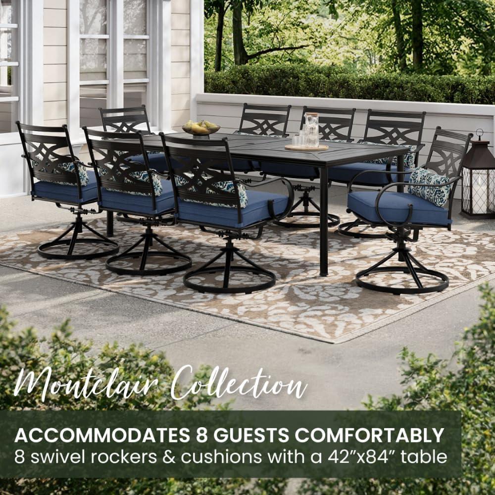 Hanover Montclair 9-Piece All-Weather Outdoor Patio Dining Set, 8 Swivel Rocker Chairs with Comfortable Seat and Lumbar Cushions, 84"x42" Stamped Rectangle Table, MCLRDN9PCSW8-NVY