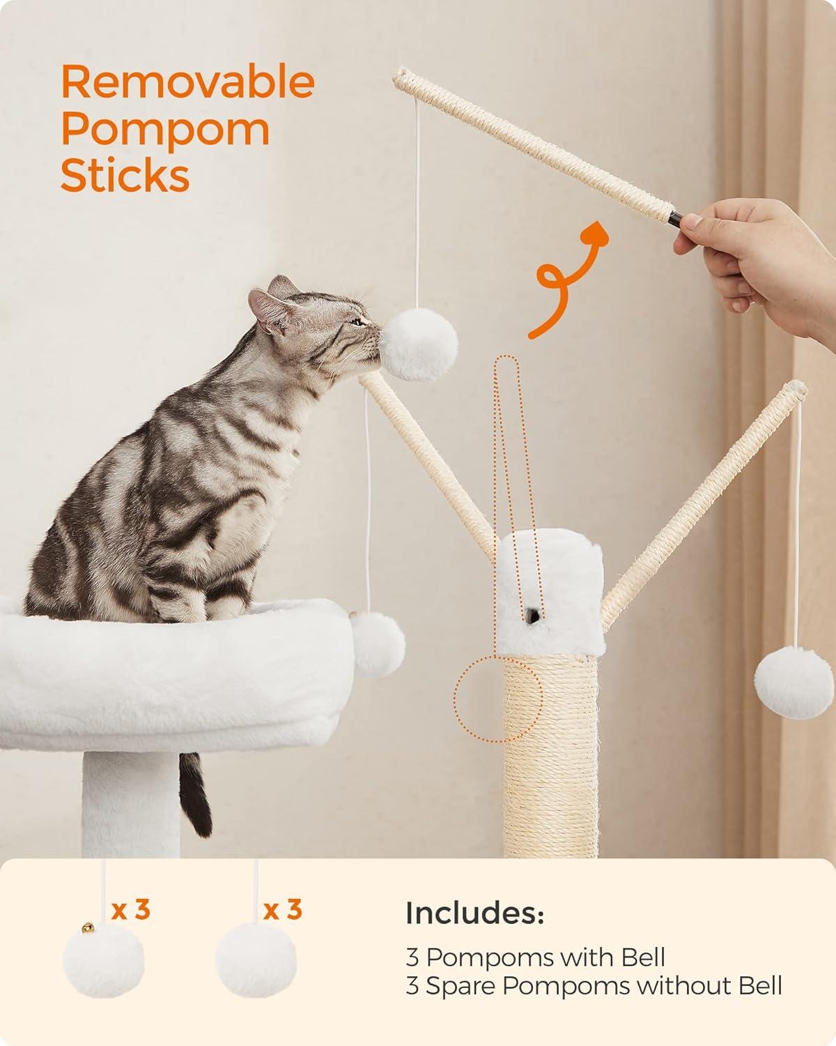 Feandrea Cat Tree with Litter Box Enclosure, 2-in-1 Modern Cat Tower, 55.1-Inch Cat Condo with Scratching Posts, Removable Pompom Sticks, Greige UPCT113G01