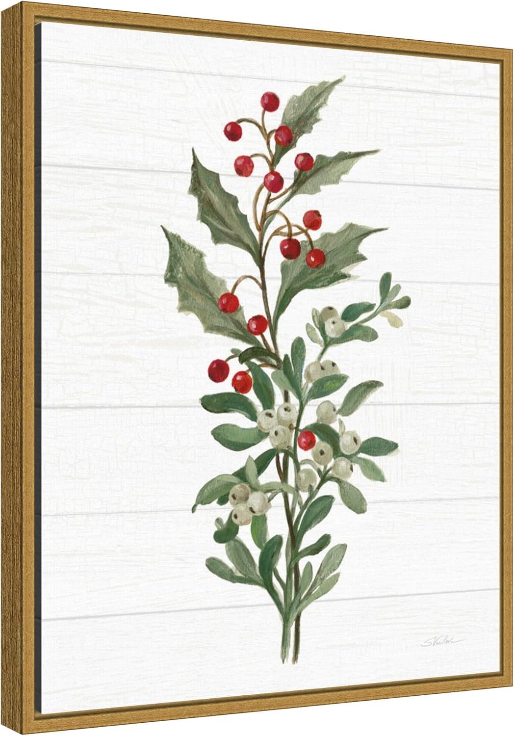 Christmas Holly and Mistletoe Canvas Print with Gold Frame