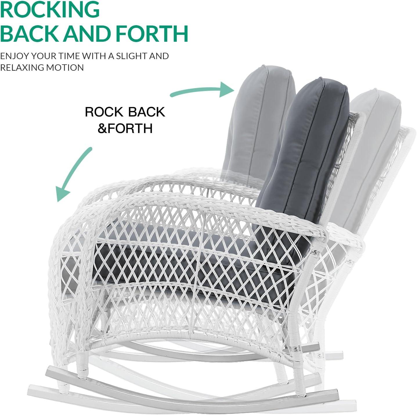 Highland Dunes Highland Dunes Outdoor Wicker Rocking Chair, Rattan Patio Rocker Chairs With Cushions And High Back, All-Weather Patio Wicker Chair With Safe Rocking Design For Garden Backyard Porch, White Wicker