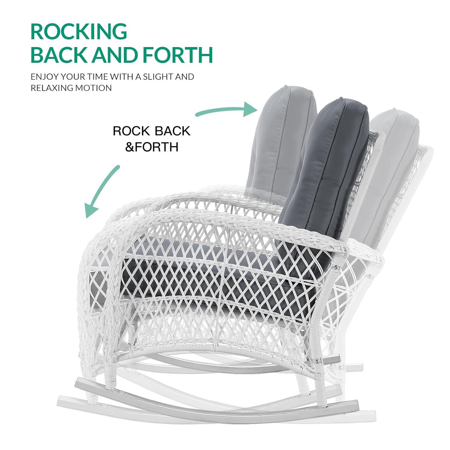 Highland Dunes Highland Dunes Outdoor Wicker Rocking Chair, Rattan Patio Rocker Chairs With Cushions And High Back, All-Weather Patio Wicker Chair With Safe Rocking Design For Garden Backyard Porch, White Wicker