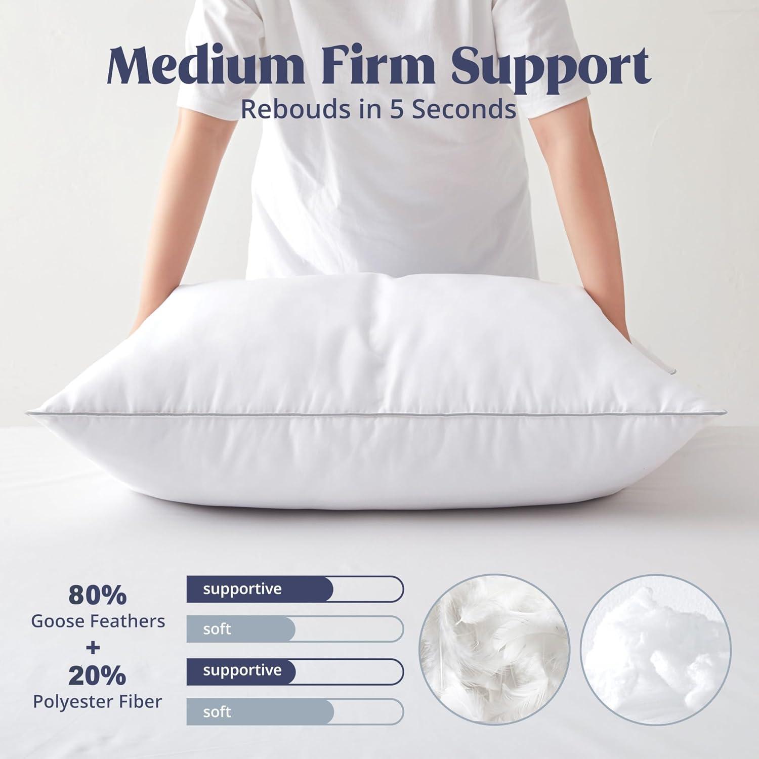puredown® Goose Feathers Bed Pillows, 100% Cotton Cover, Queen Size Hotel Collection Pillows Set of 2 for Sleeping with Silver Piping, Feather and Polyester Filling