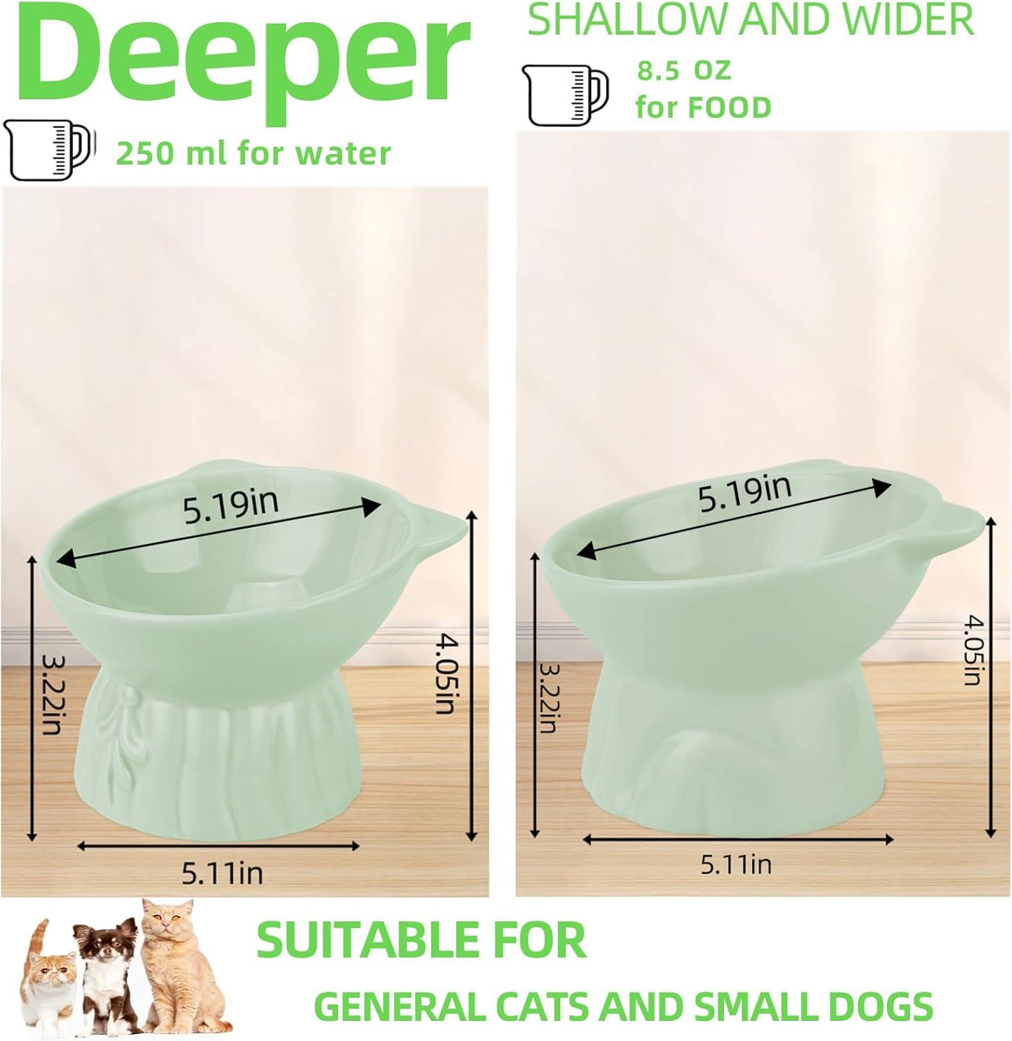 2Pcs Ceramic Elevated Cat Bowls, Extra Wide Raised Cat Bowls for Food and Water, Shallow Cat Food Dish Whisker Friendly, Great Height for Cat (Green)