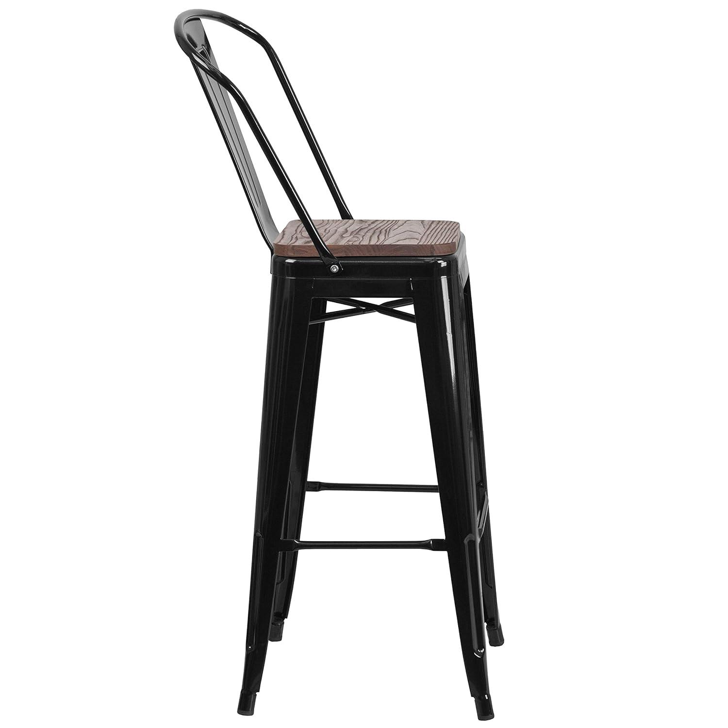 Emma and Oliver 30"H Blue Metal Barstool with Back and Wood Seat