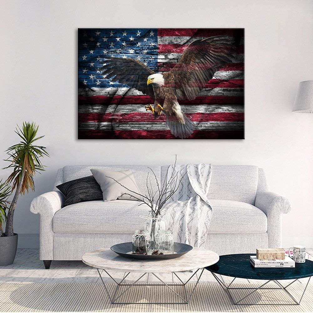 Urttiiyy Retro American Flag Bald Eagle USA Military Wall Art Canvas Prints Thin Blue Red Line Home Decor Pictures for Living Room Bedroom Painting Framed Ready to Hang