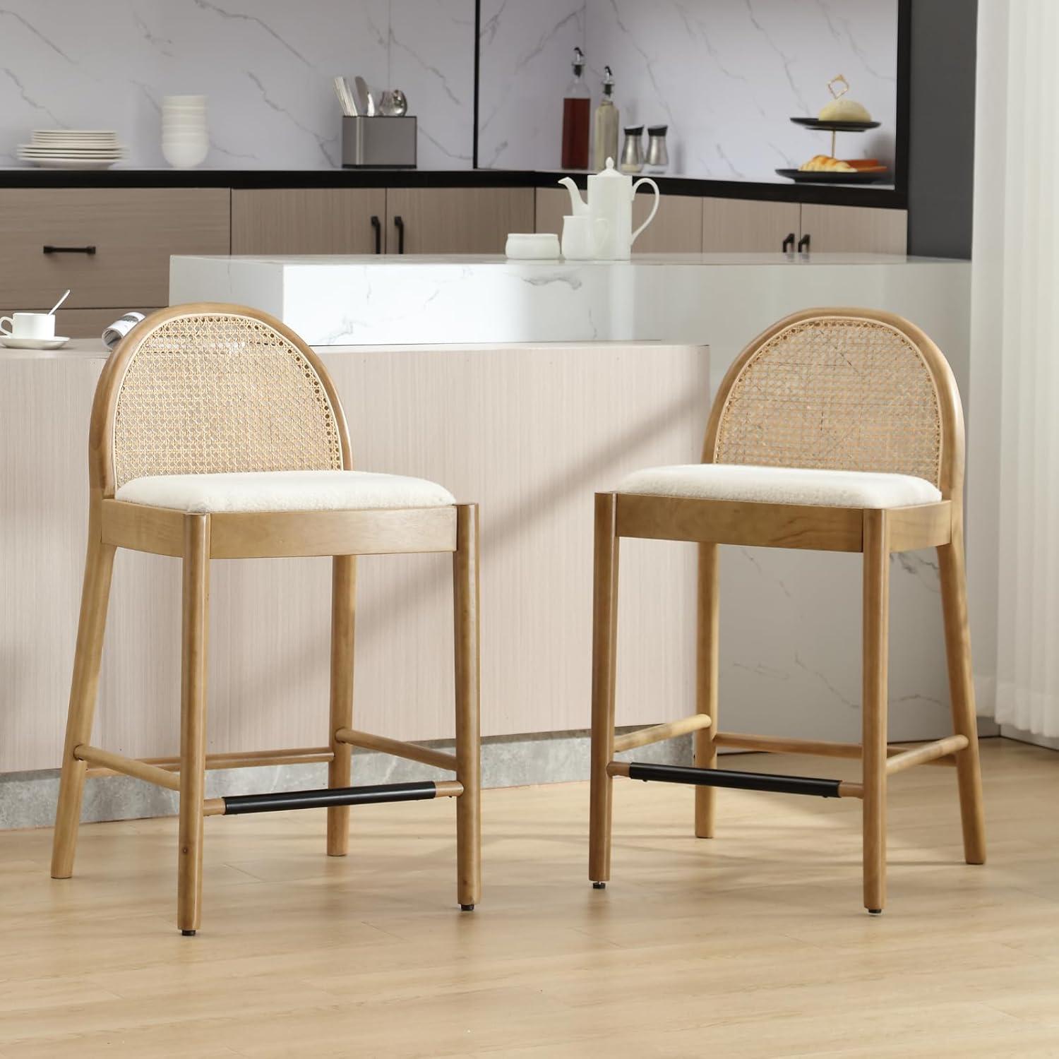 Bayou Breeze Emington Modern Bar Stools Counter Height Bar Stools with Rattan Backrests and Wood Frame (Set of 2)