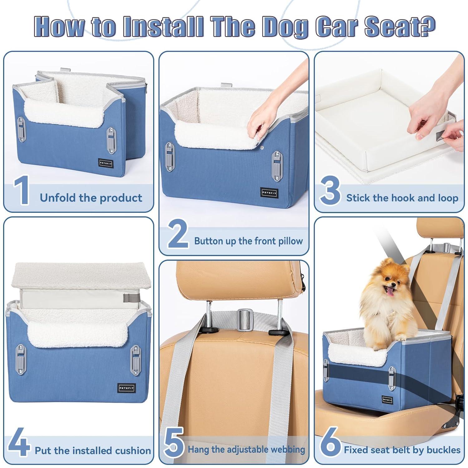 PETSFIT Small Dog Car Seat, Puppy Portable Dog Booster seat for Car with Clip-On Leash, Adjustable Straps Suitable for Small Pets Up to 25lbs ,Navy Blue