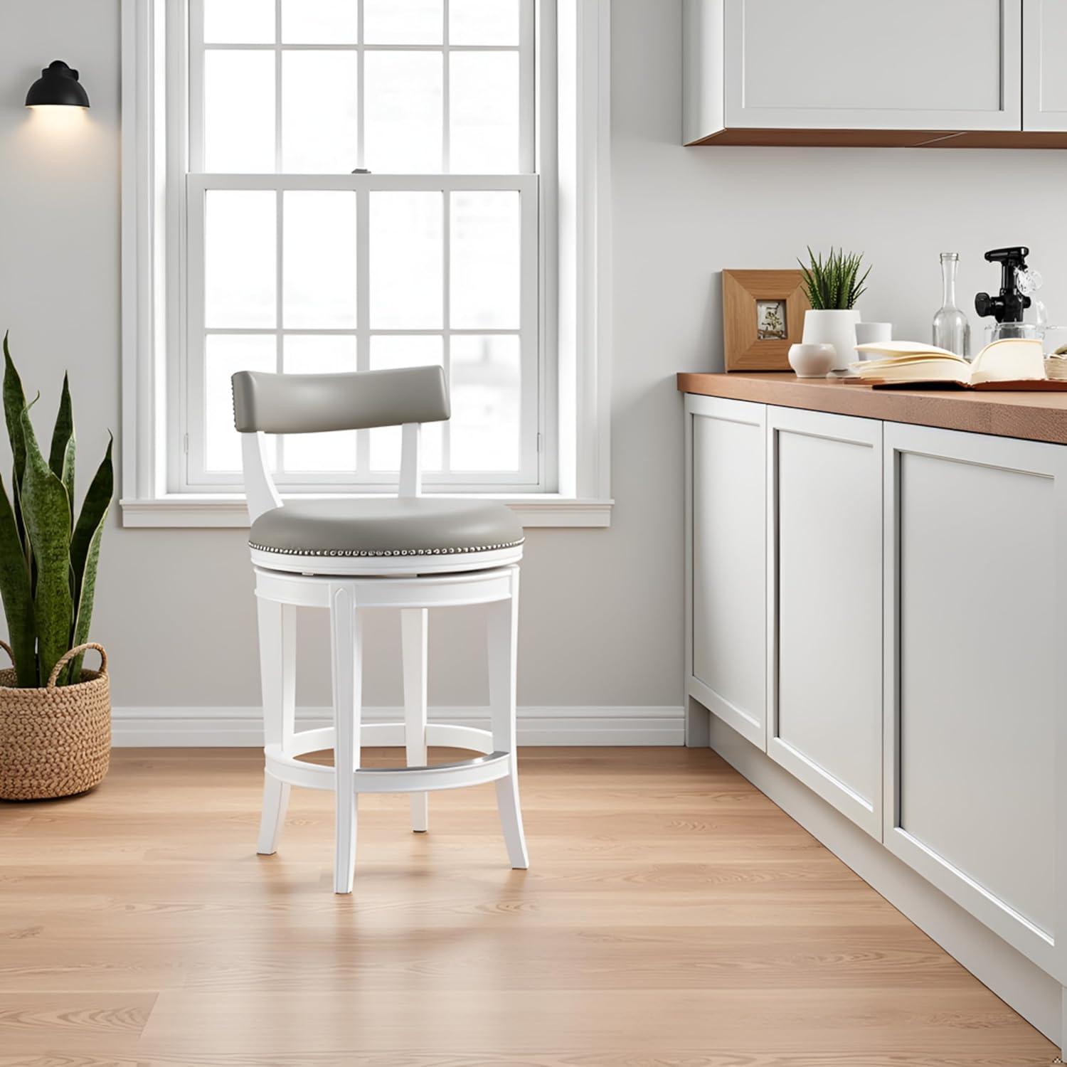 Alaterre Hanover Swivel Counter Height Bar Stool, 26-Inch Seat Height, White and Gray, Solid Rubberwood Frame with Faux Leather Upholstery, Nailhead Trim, Memory Return Swivel Mechanismv