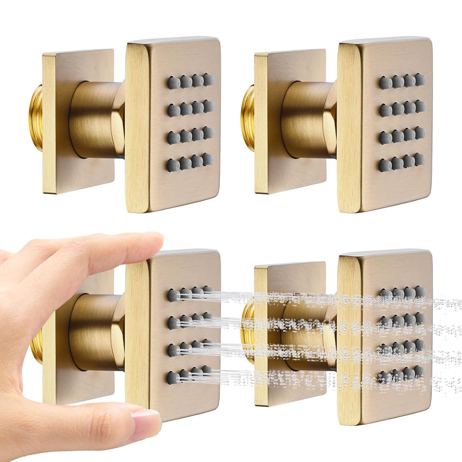 Shower Body Spray Jets with On Off 4PCS Square Shower Body Jet Brass Head Spray Spa Massage Body Shower Side Wall Spray Jets-Flow Cotrol (Brushed Gold)