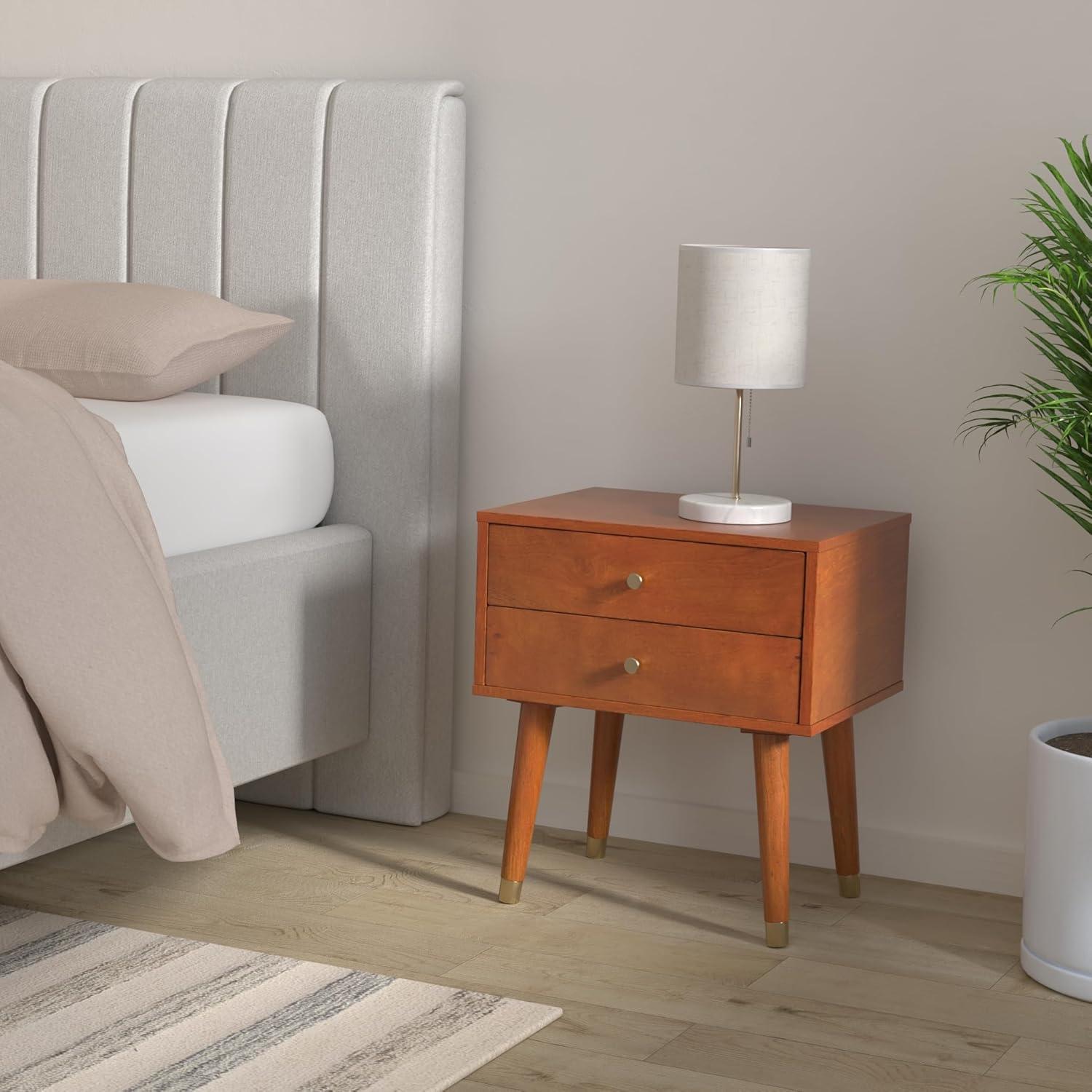 OSP Home Furnishings Cupertino Side Table w/ 2 Drawers in Light Walnut Finish and K/D Legs