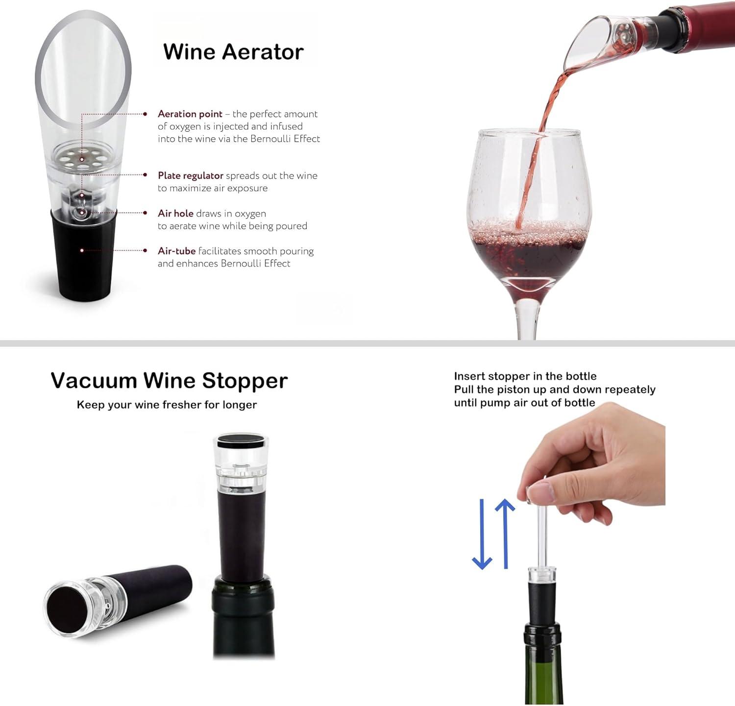 Electric Wine Opener, Rechargeable Wine Opener Set with Foil Cutter, Wine Aerator, Vacuum Stopper and Storage Base, Ideal Wine Accessories for Wine Lovers, Perfect Wine Gifts