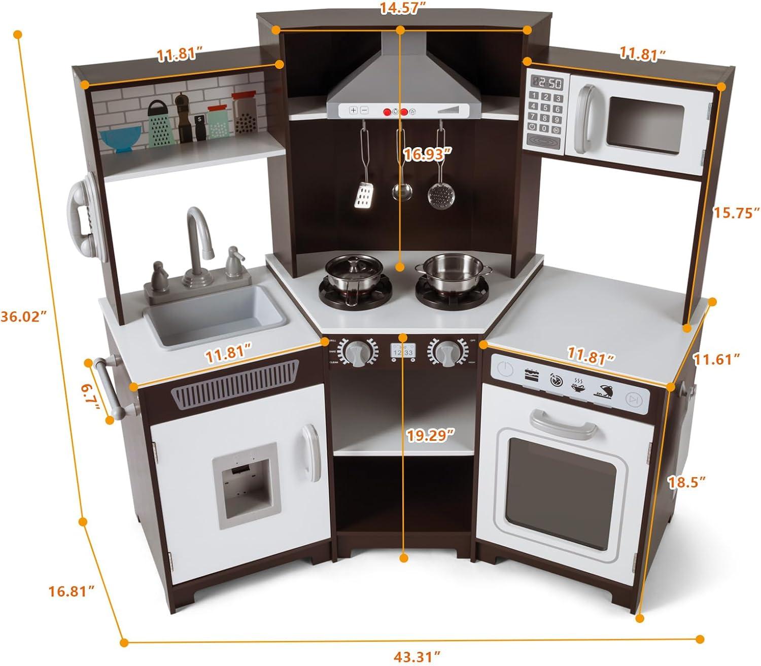 Brown and White Wooden Kids Play Kitchen Set with Accessories