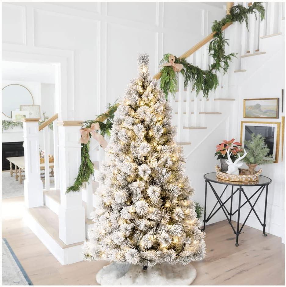Glitzhome 6ft Pre-Lit Flocked Pencil Pine Artificial Christmas Tree with 300 Warm White Lights