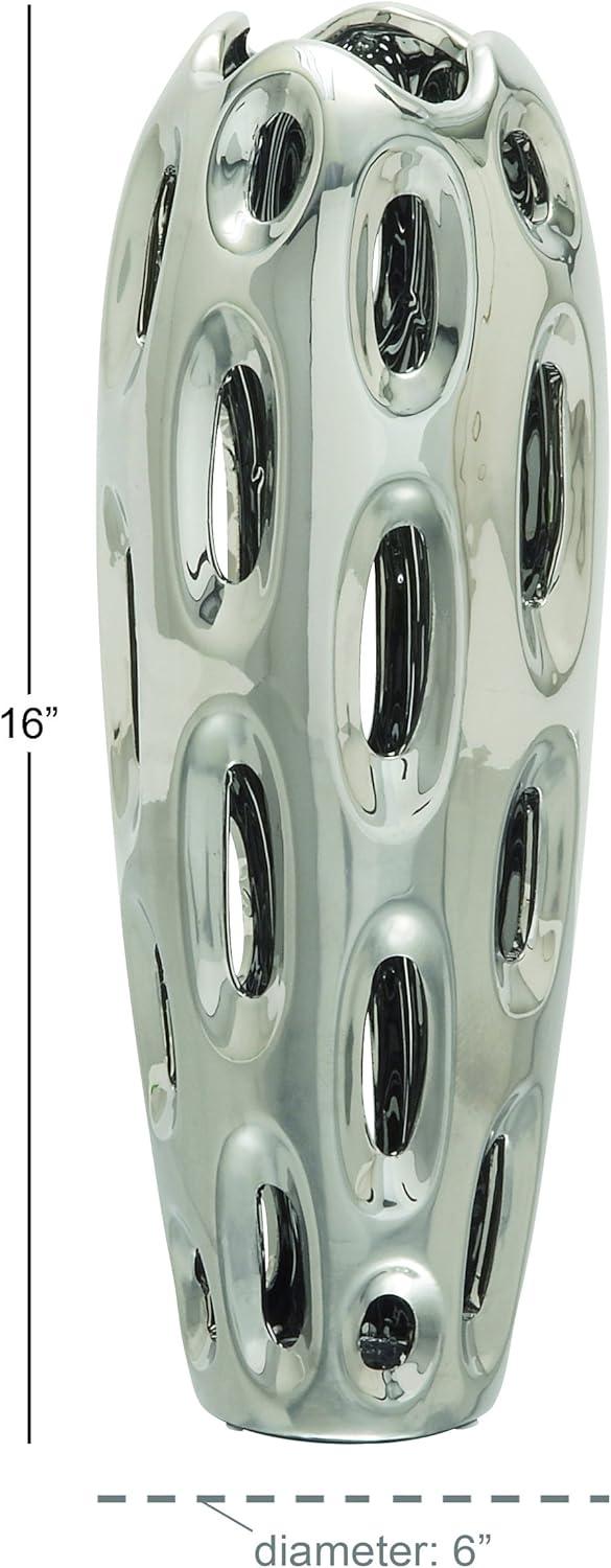 DecMode 16" Silver Ceramic Vase with Cut Out Designs