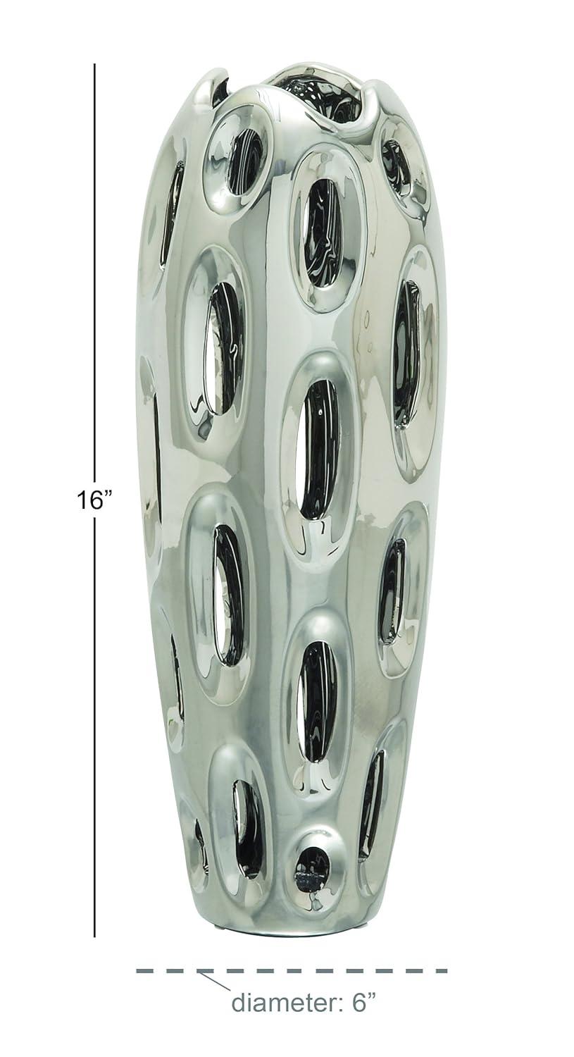 DecMode 16" Silver Ceramic Vase with Cut Out Designs