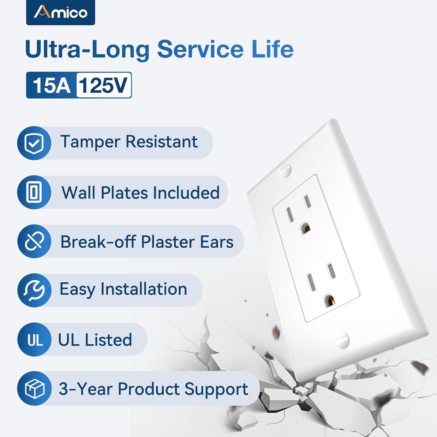 Amico 50 Pack Wall Outlet, 15 Amp Outlets, UL Listed, Tamper Resistant Standard Electrical Outlet, Decorator Receptacle with Wall Plate, Suitable for Home and Business, 125V/1875W, White