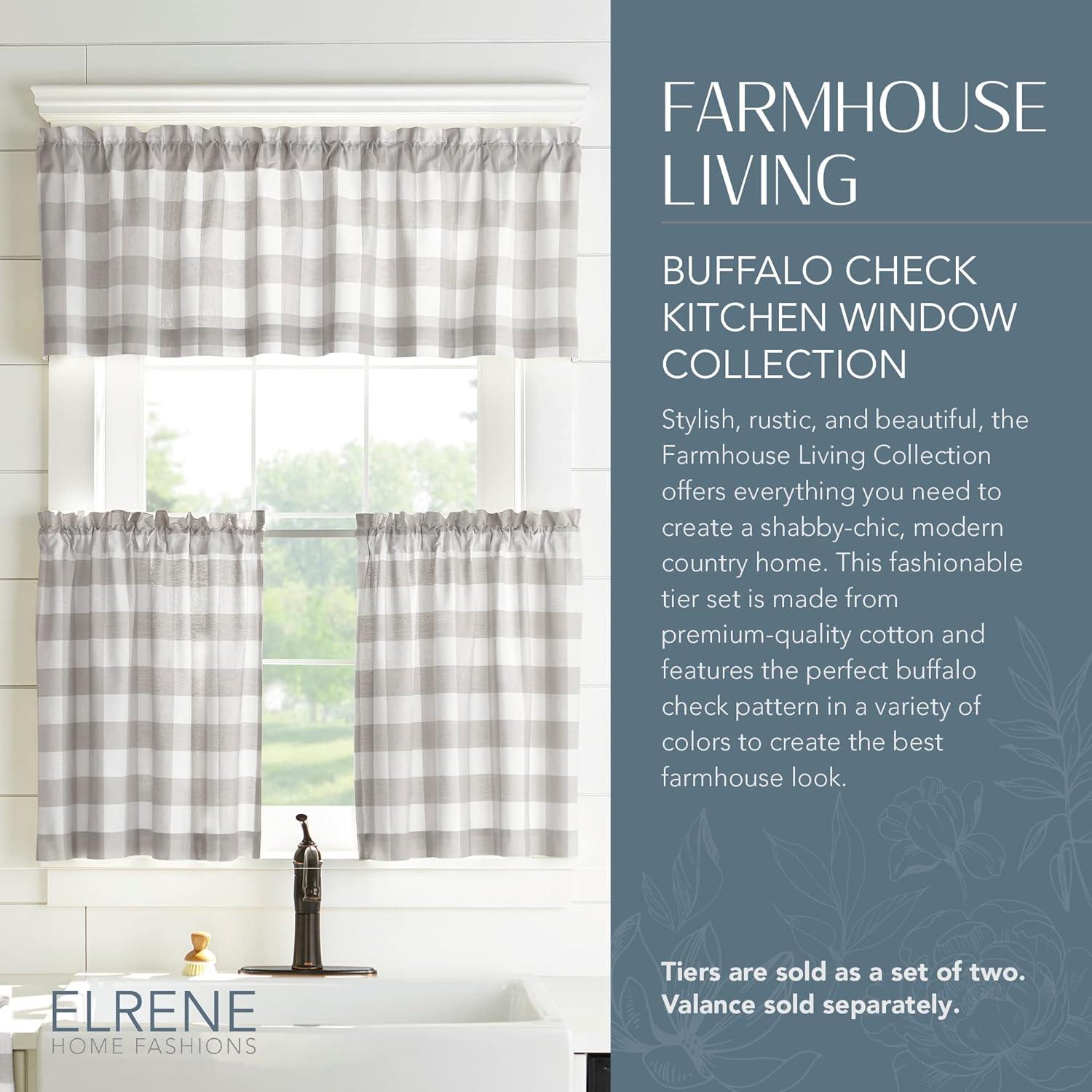 Farmhouse Living Buffalo Check Kitchen Tier Window Curtain Set of 2 - 30" x 36" - Gray/White - Elrene Home Fashions