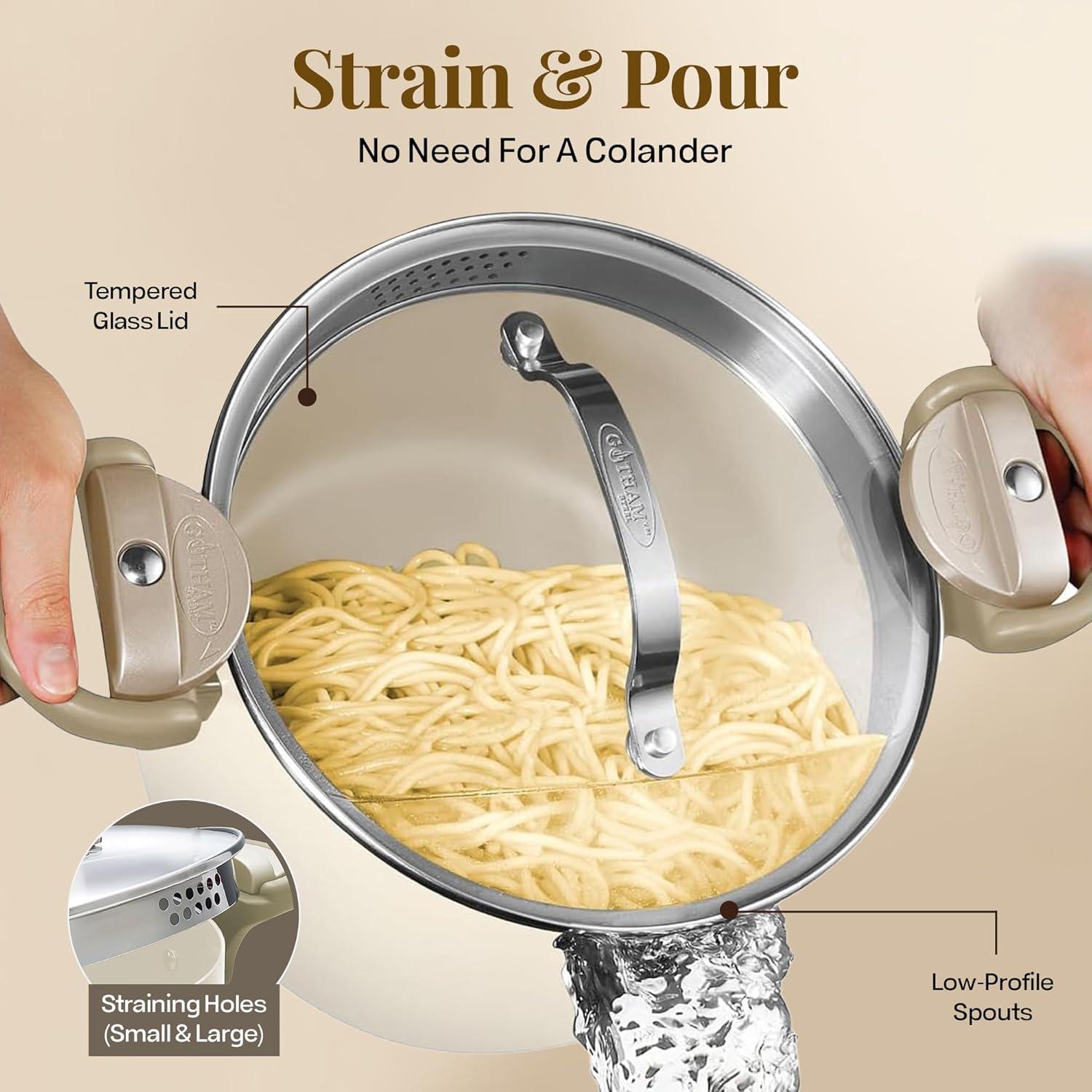 Gotham Steel Cream Ultra Nonstick Ceramic 5 Qt Pasta Pot with Strainer and Twist & Lock Handles