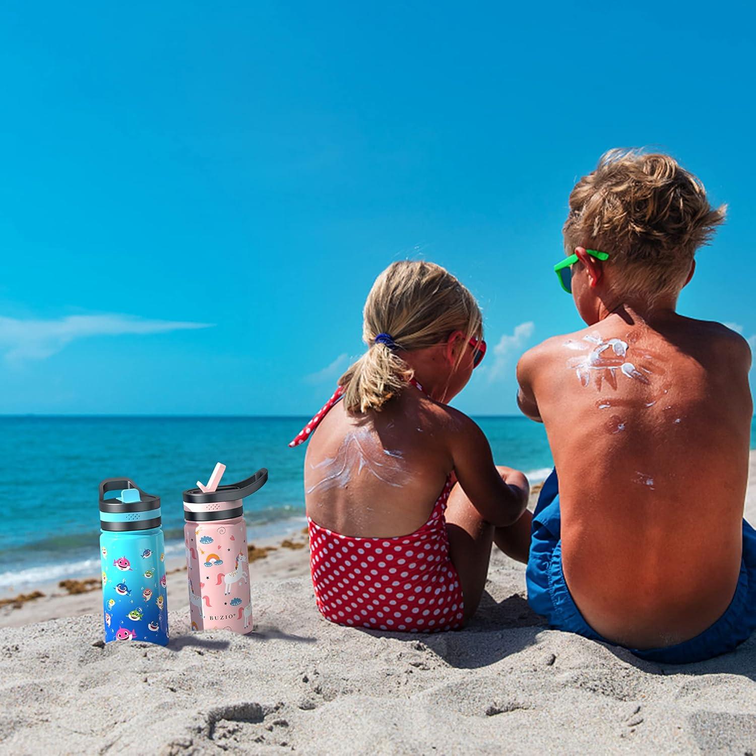 Buzio Insulated Water Bottle with Straw for Kids, 2 Lids Double Vacuum Metal Water Bottle, 14 Ounce, Blue Shark