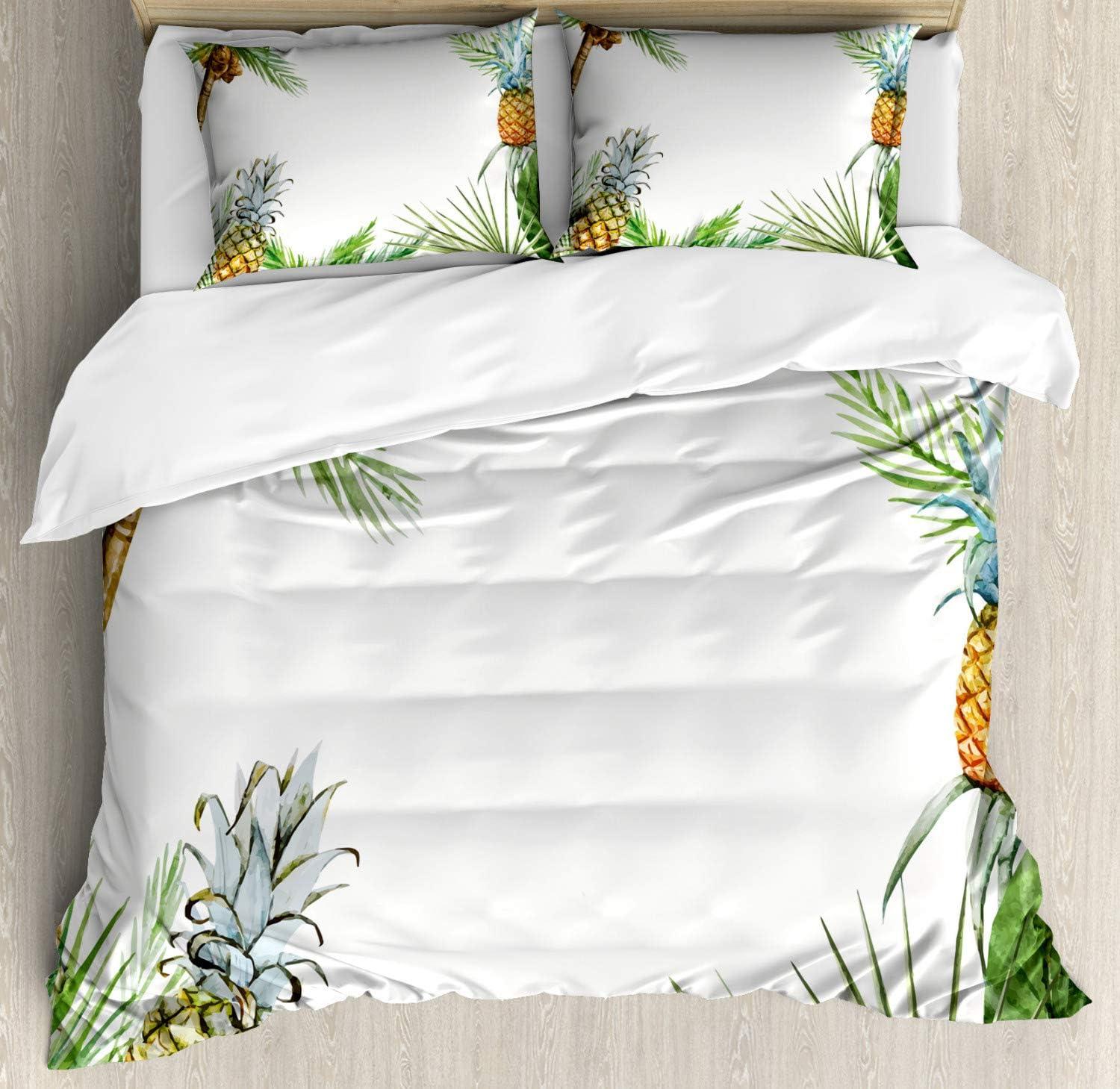 Queen White and Green Tropical Pineapple Duvet Cover Set