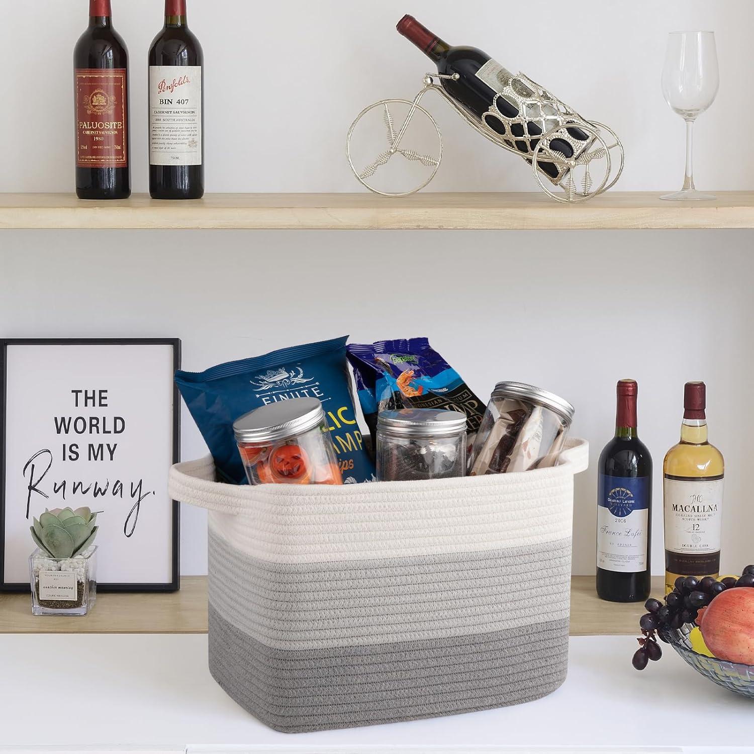 KOUROUU 3 Pack Cotton Rope Storage Basket Woven Shelf Storage Bin with Faux Leather Handles, Decorative Closet Shelf Woven Basket for Storage Organizers, 15 x 10 x 9, White/Gray