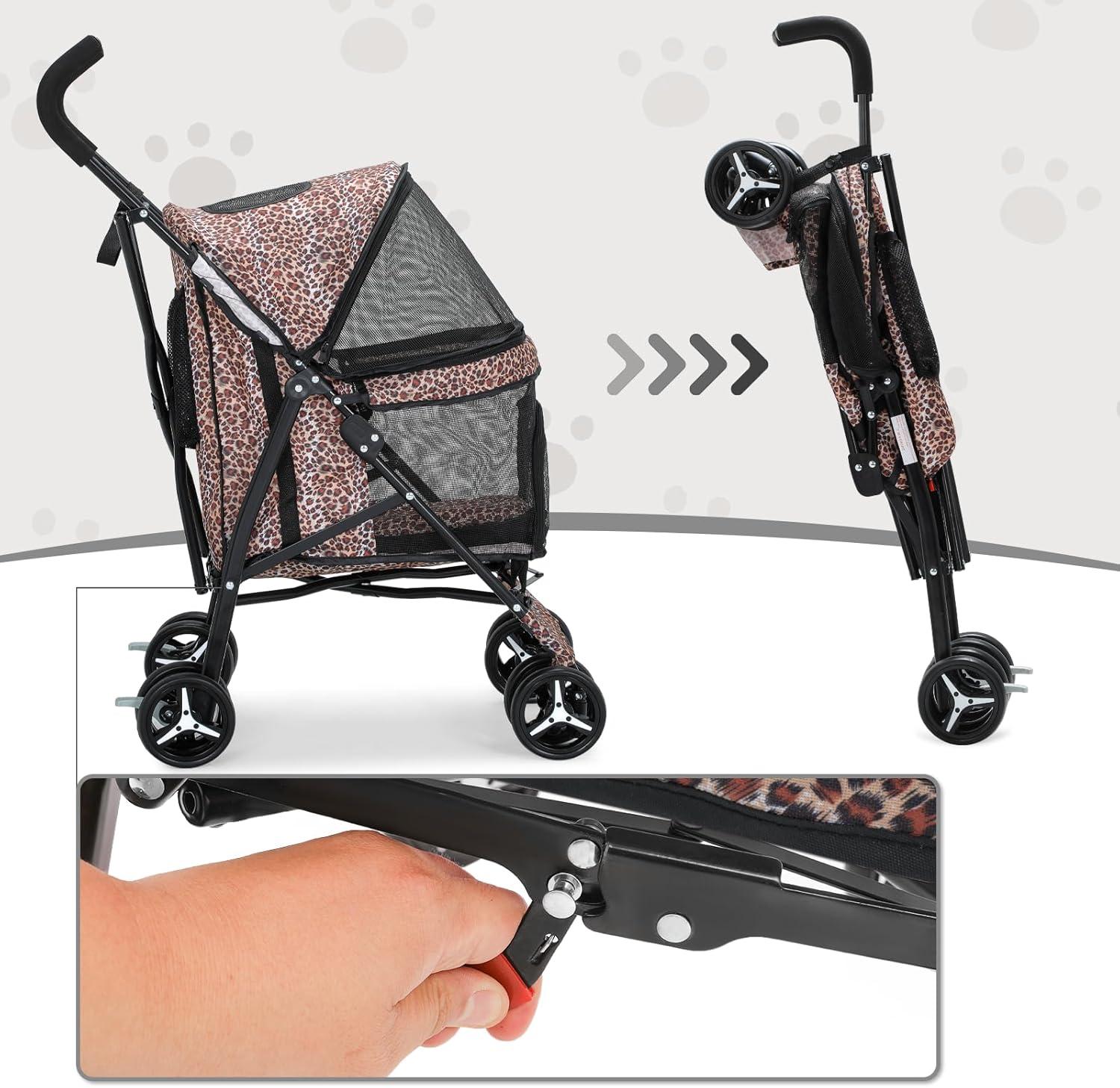 Leopard Print Steel Frame Dog Stroller with Mesh Windows