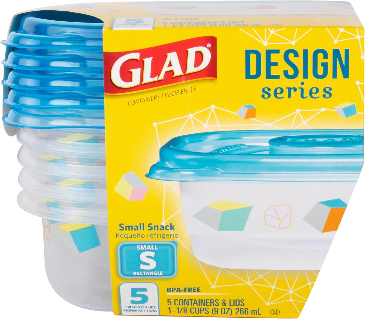 GladWare Design Series Food Storage Containers 9 Oz, 5 Ct | Small Snack Containers for Snacks & Small Meals, Food Storage from Glad | Glad Plastic Food Containers with Lids, Plastic Food Storage