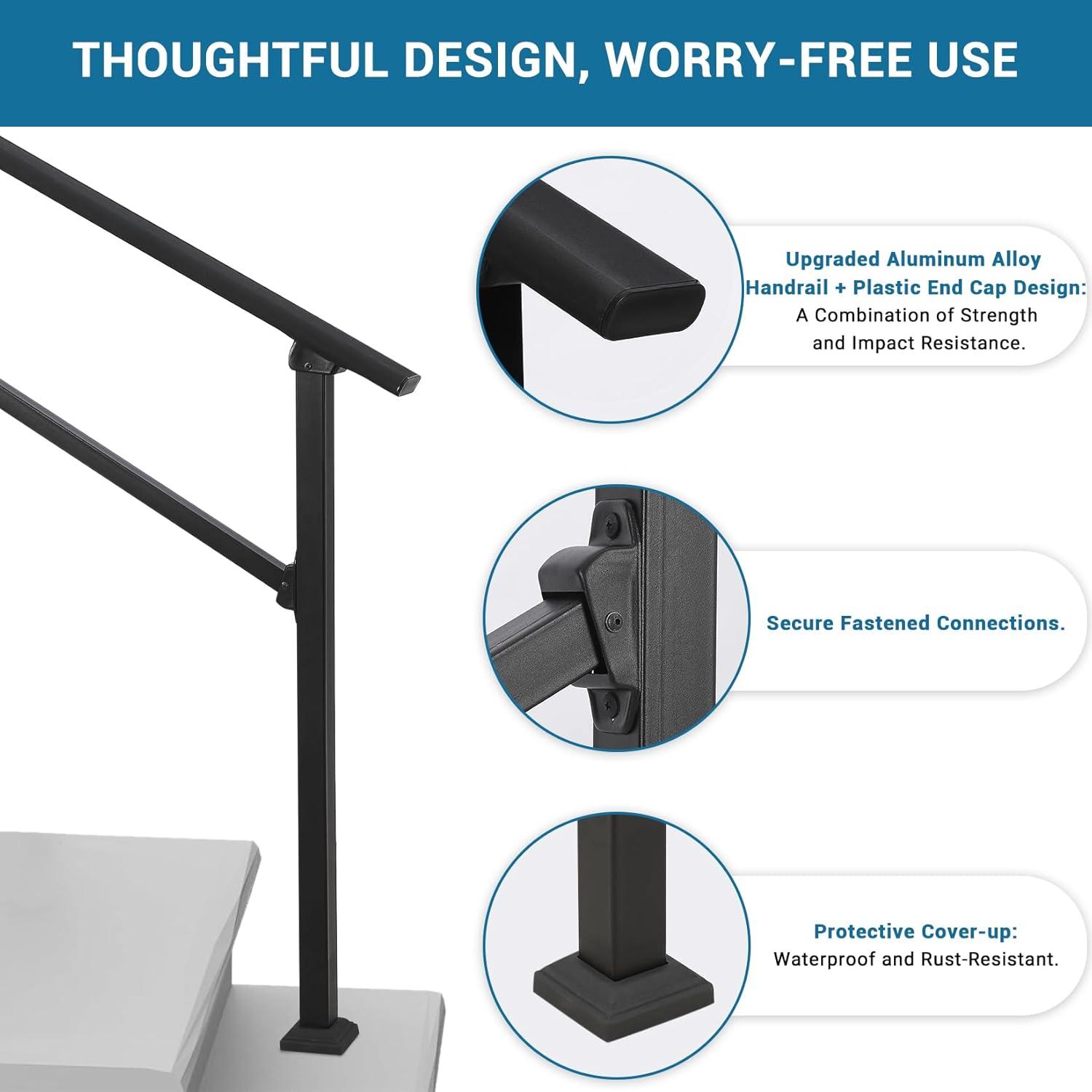 TROPOW Handrails for Outdoor Steps, Adjustable 3 Steps Handrails Outdoor, Porch Handrails for Stairs Fit 2-3 Steps, Metal Porch Railing, Deck Handrail, Black Hand Rails kit, Upgrade Aluminium