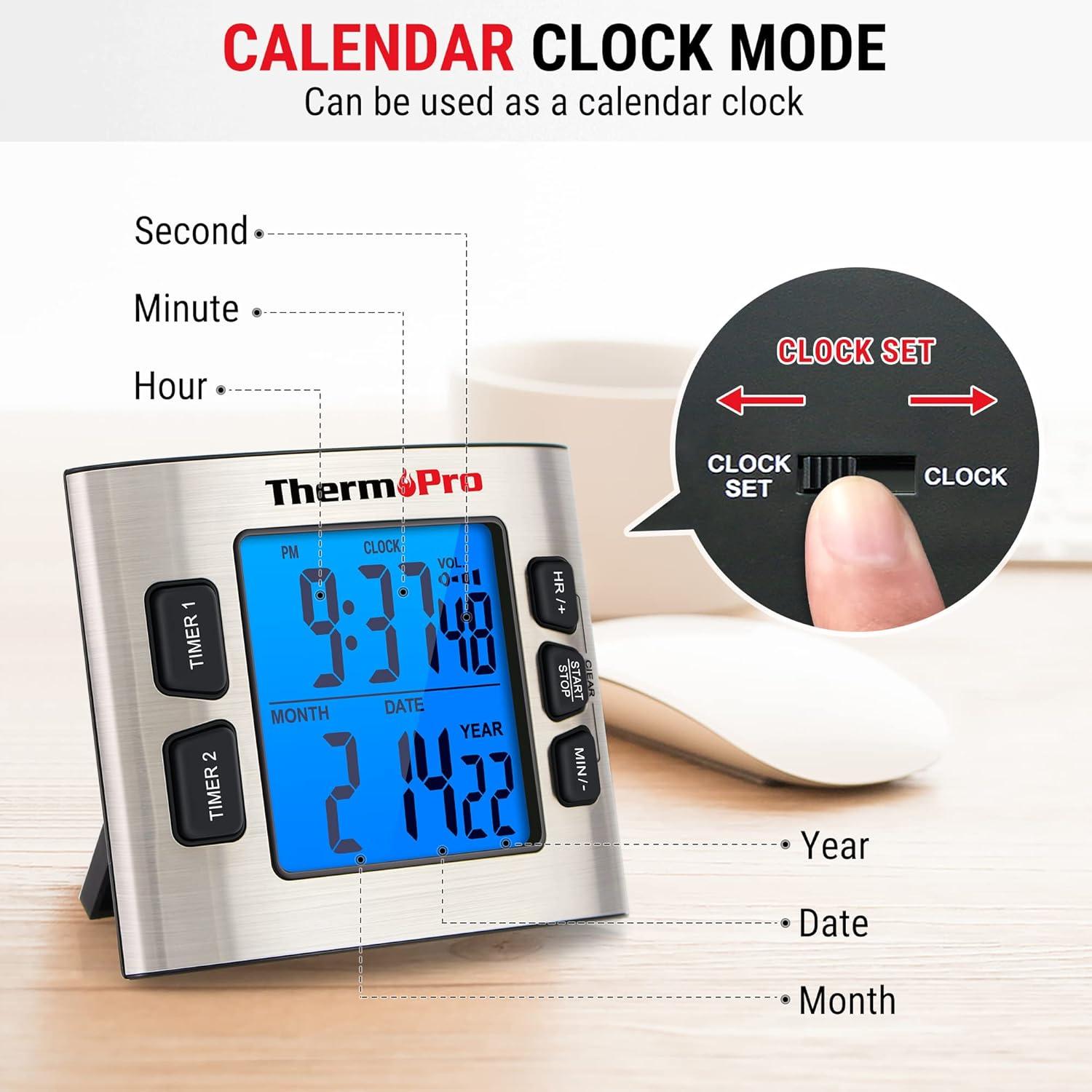 ThermoPro TM02 Digital Kitchen Timer with Dual Countdown Stop Watches Timer, Magnetic Timer Clock with Adjustable Loud Alarm and Backlight LCD Big Digits, 24 Hour Digital Timer for Kids Teachers