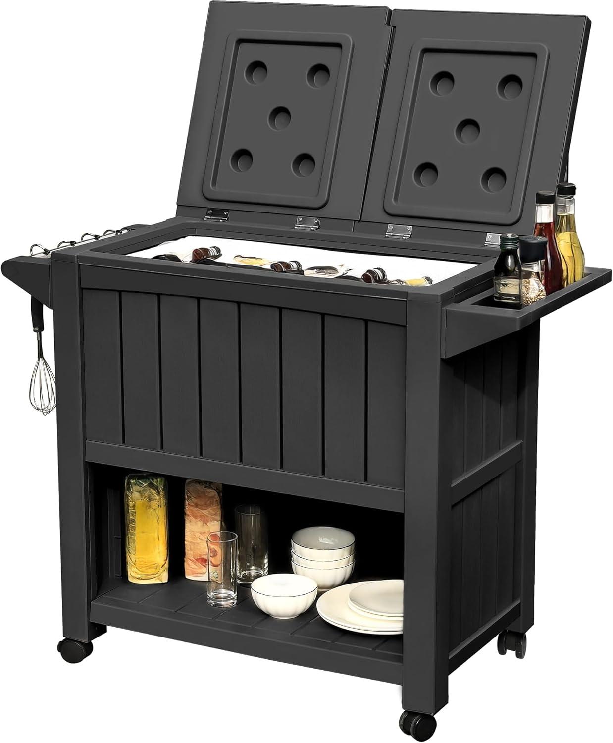 YITAHOME 85 Quart Rolling Cooler Cart with Bottle Opener Drainage, Portable Cooler on Wheels, Outdoor Beverage Cart Ice Chest for Patio Pool Deck Party BBQ Cookouts (Taupe)