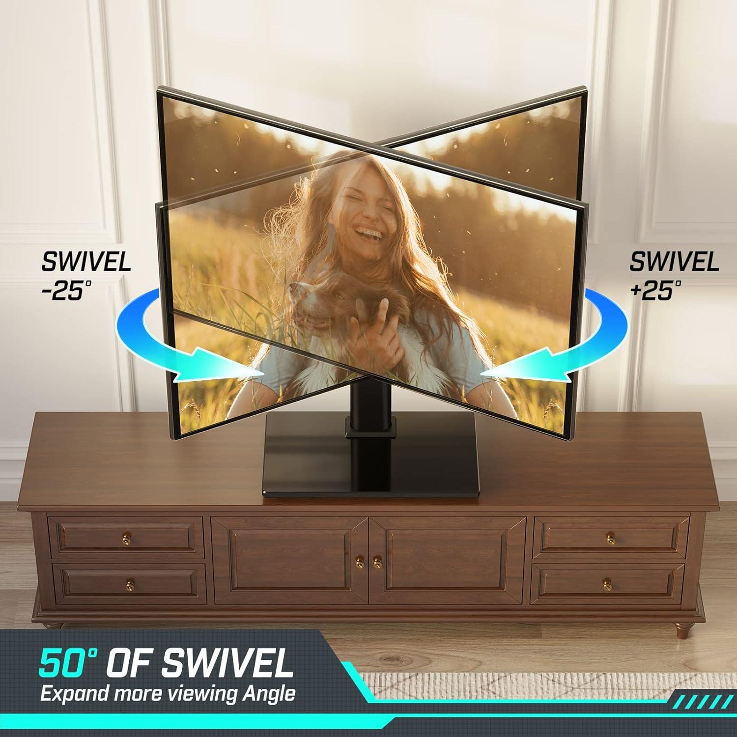 Greenstell TV Stand with Power Outlet, Universal TV Mount Stand for 27-65 inch TVs, Height Adjustable, Swivel Table Top TV Stand with Tempered Glass Base, Holds up to 88 LBs, Max VESA 400x400mm