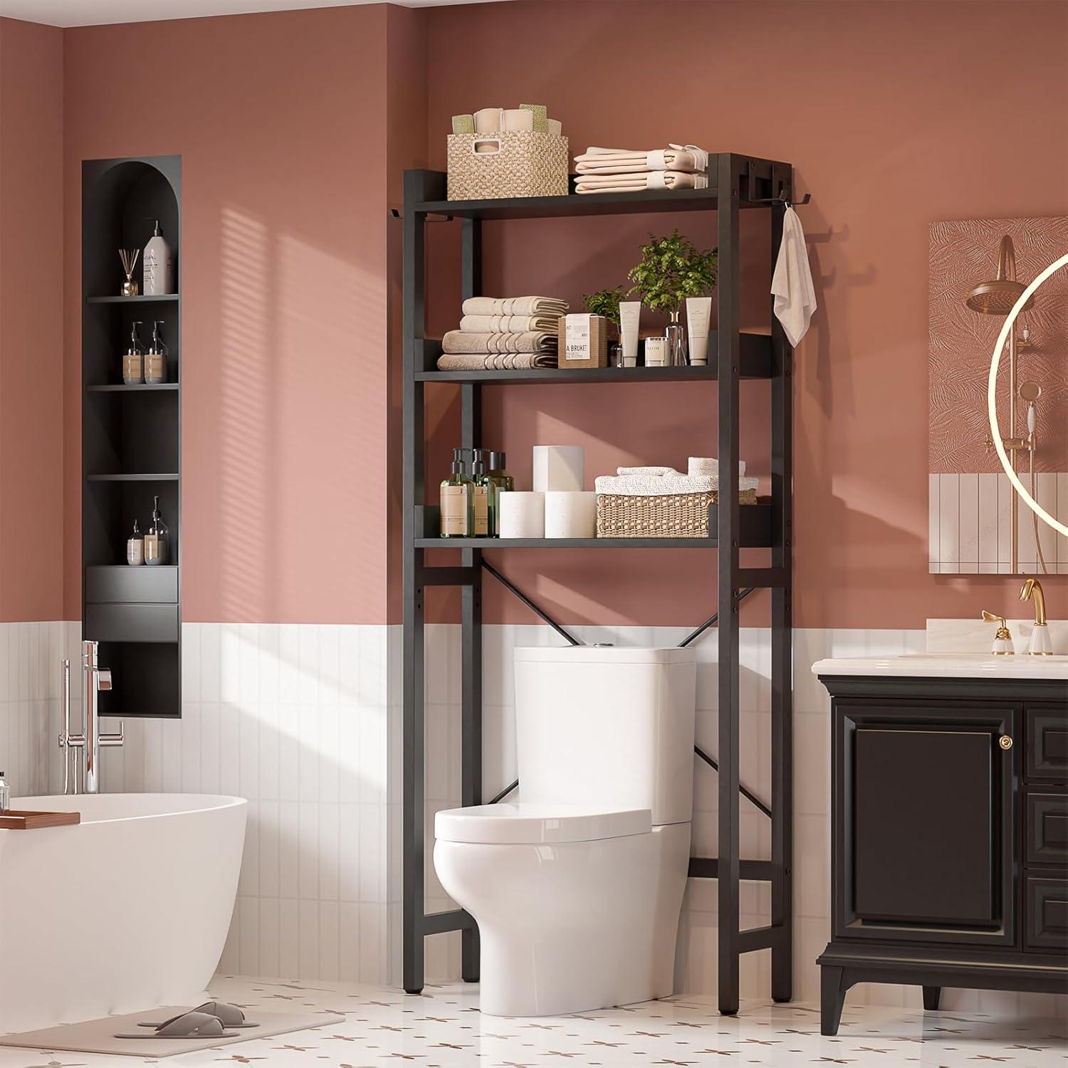 3-Tier Over The Toilet Storage, Space Saver Metal Bathroom Shelves, Freestanding Above Over Toilet Storage Shelf With 4 Hooks For Bathroom, Black