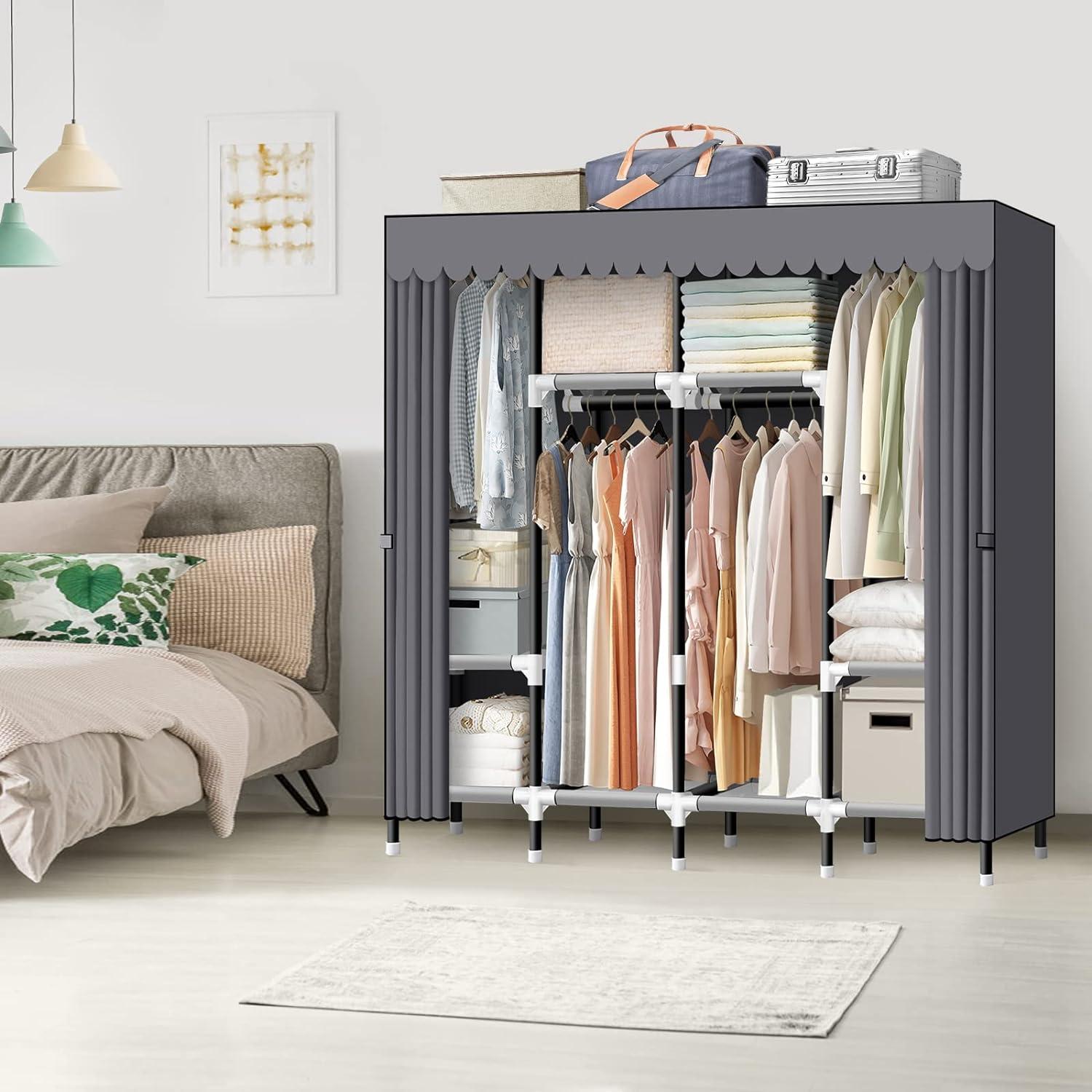 Sturdy Hanging Rods, Easy Assembly, Gray Cover - 67" Portable Wardrobe Closet for Neat Clothes Storage.