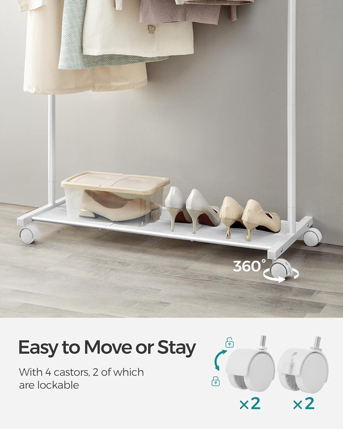 White Metal Freestanding Clothes Rack with Mesh Shelf and Wheels